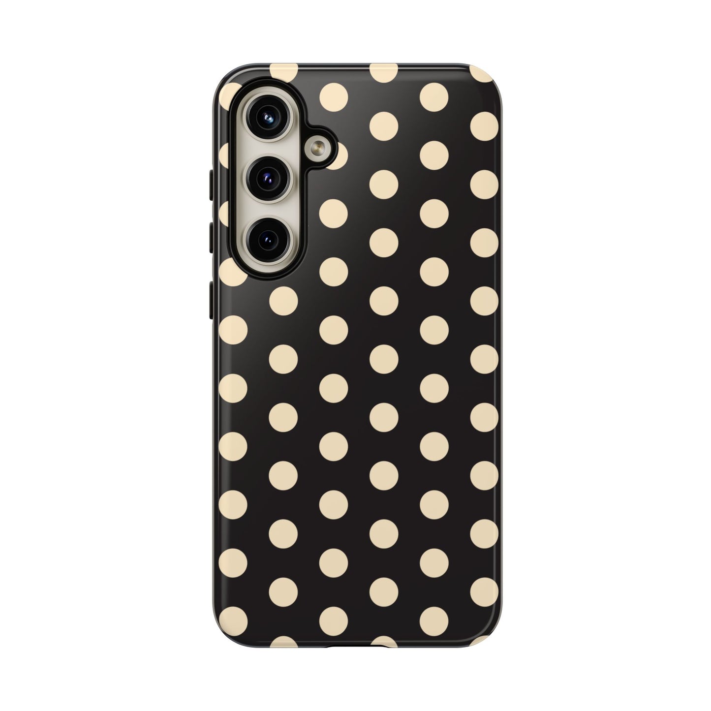 Polka Dot Tough Phone Case — Black with Cream Dots, Protective Slim Phone Cover