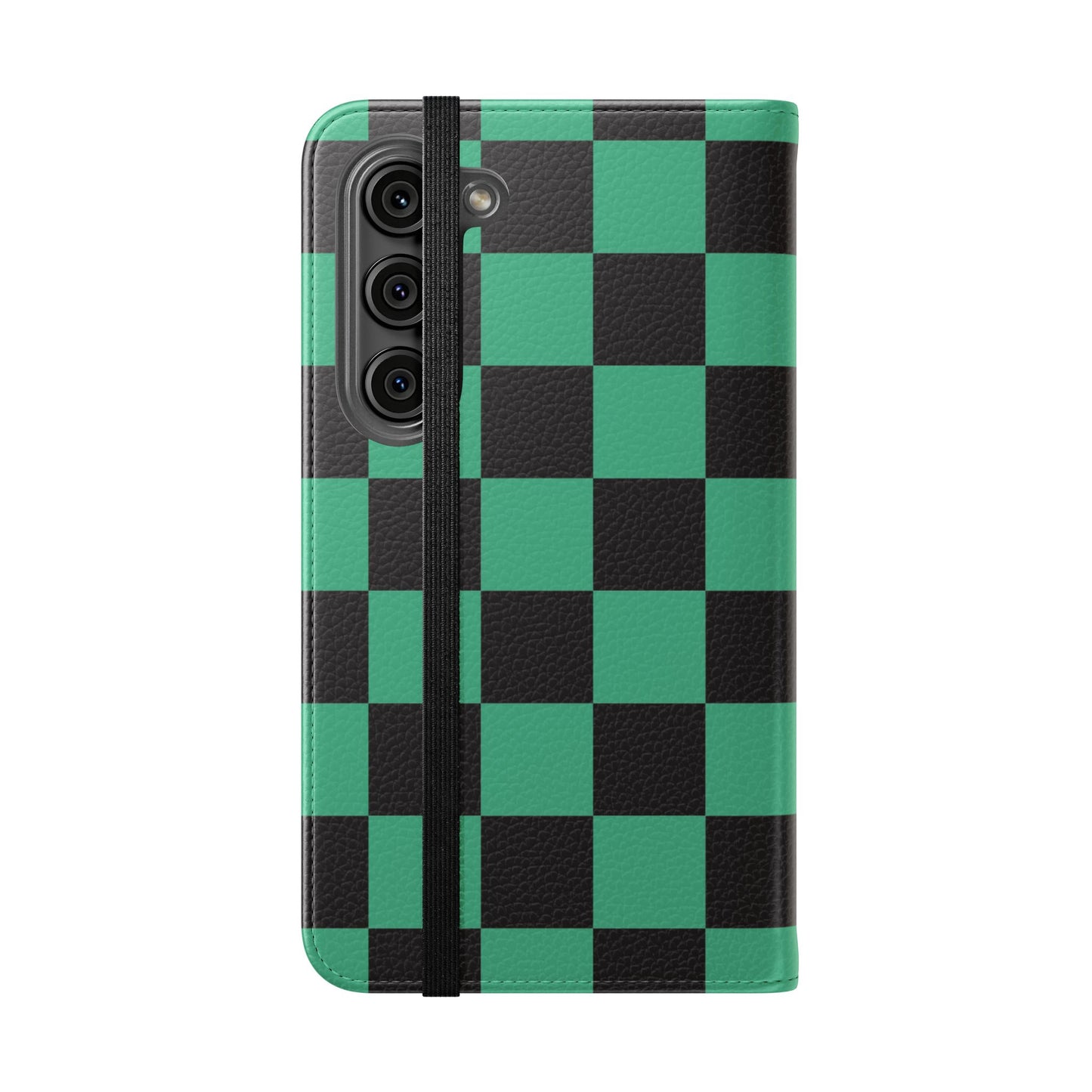 Tanjiro Chequered Flip Phone Case — Black and Green Chequered Wallet Cover