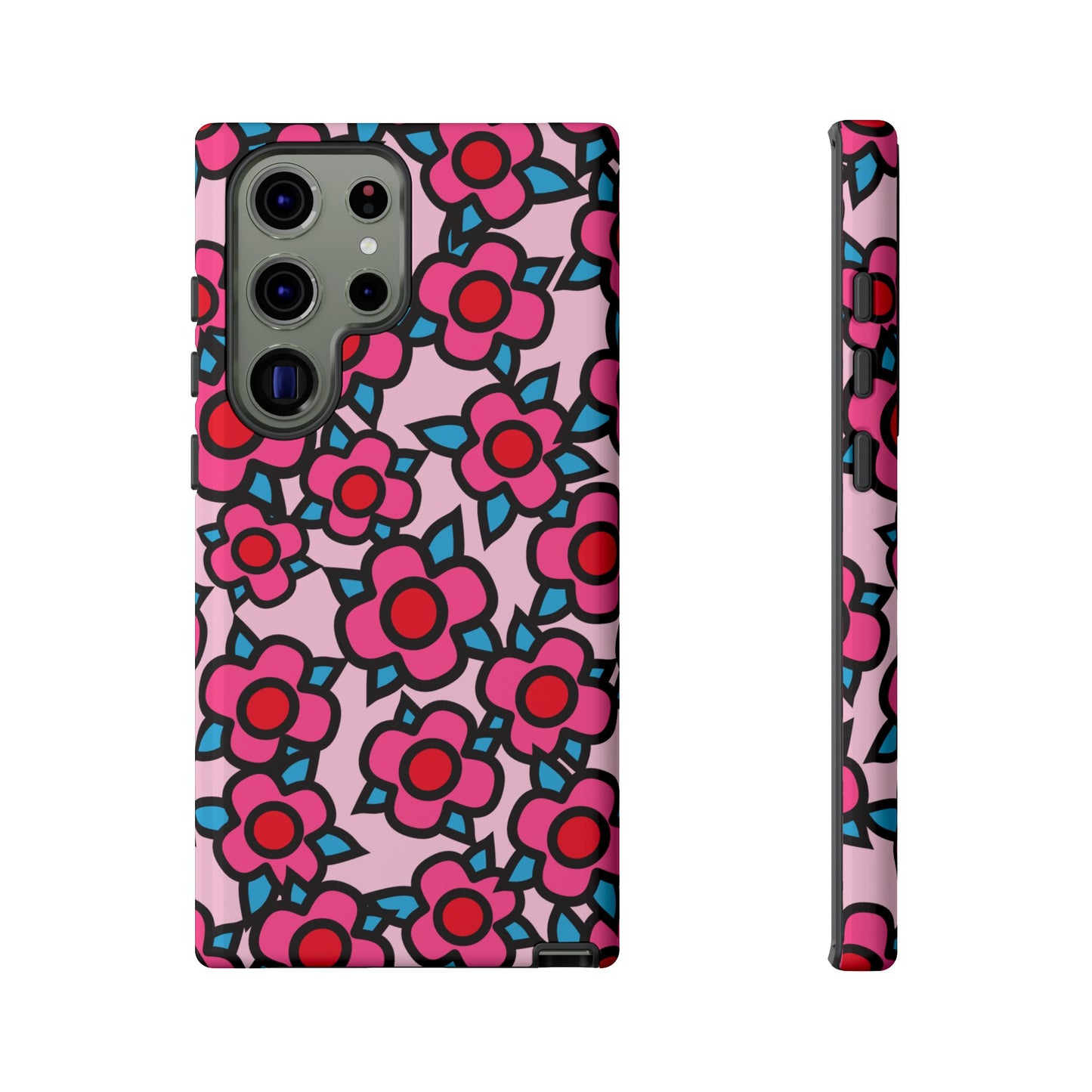 Floral Pink Tough Phone Case — Retro Red & Teal Flower Pattern