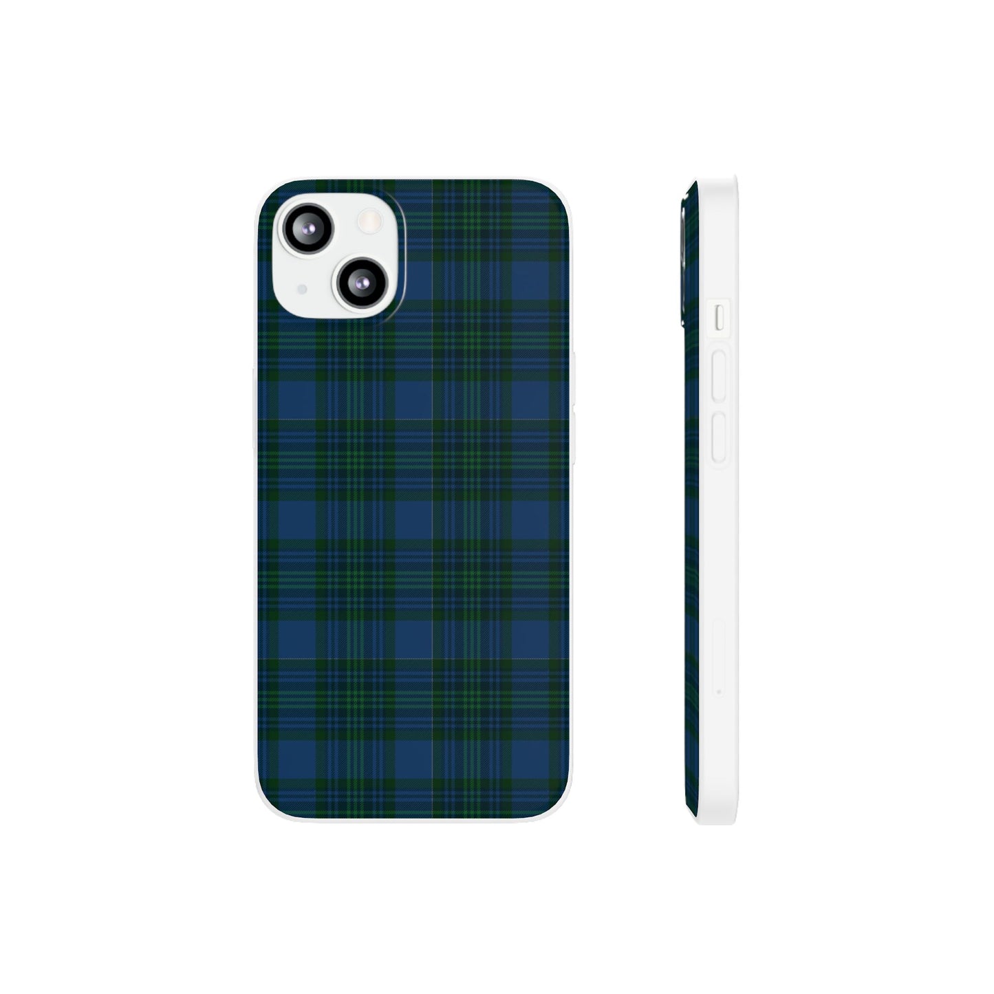 Navy green tartan phone case with flexible plaid design, slim shock-absorbing TPU, semi-transparent matte finish