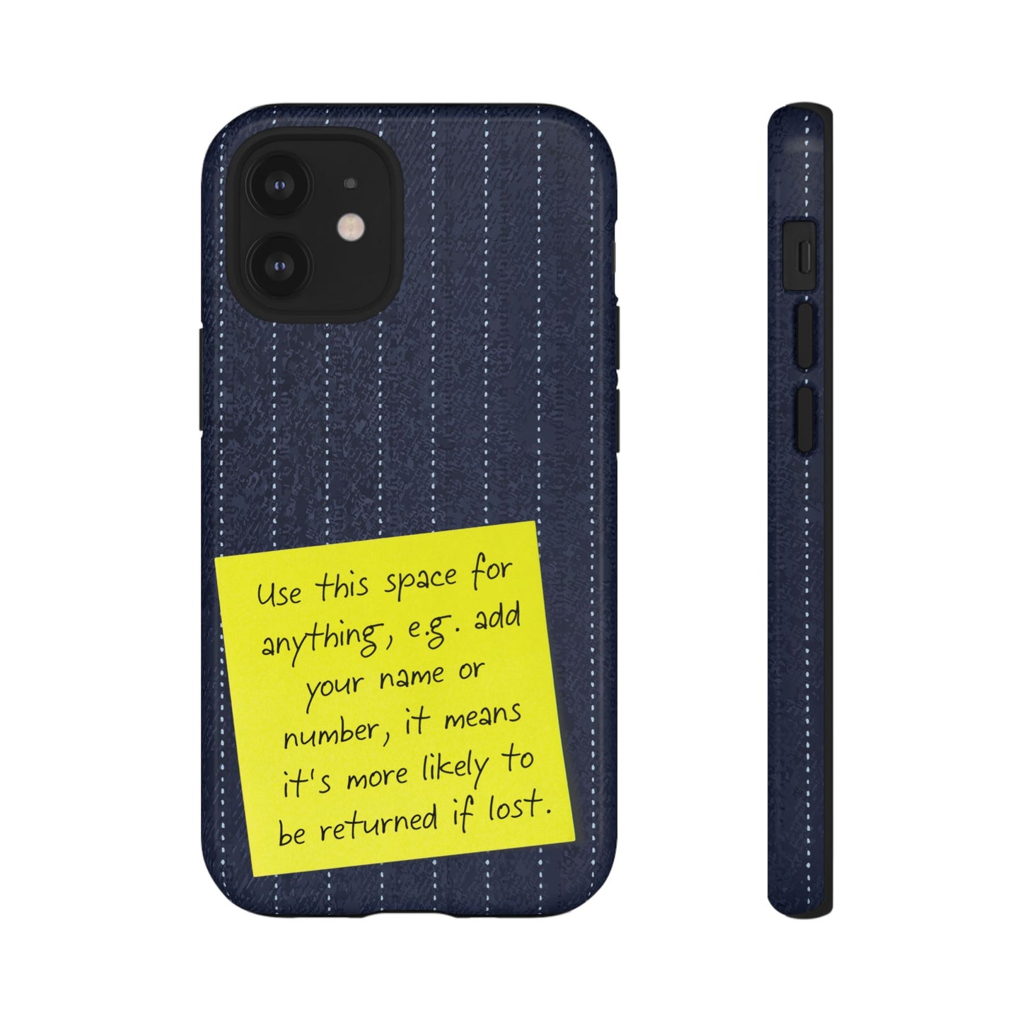 Navy Pinstripe Design with Yellow Sticky Note Personalised Tough Phone Case for Apple iPhone, Samsung Galaxy and Google Pixel.