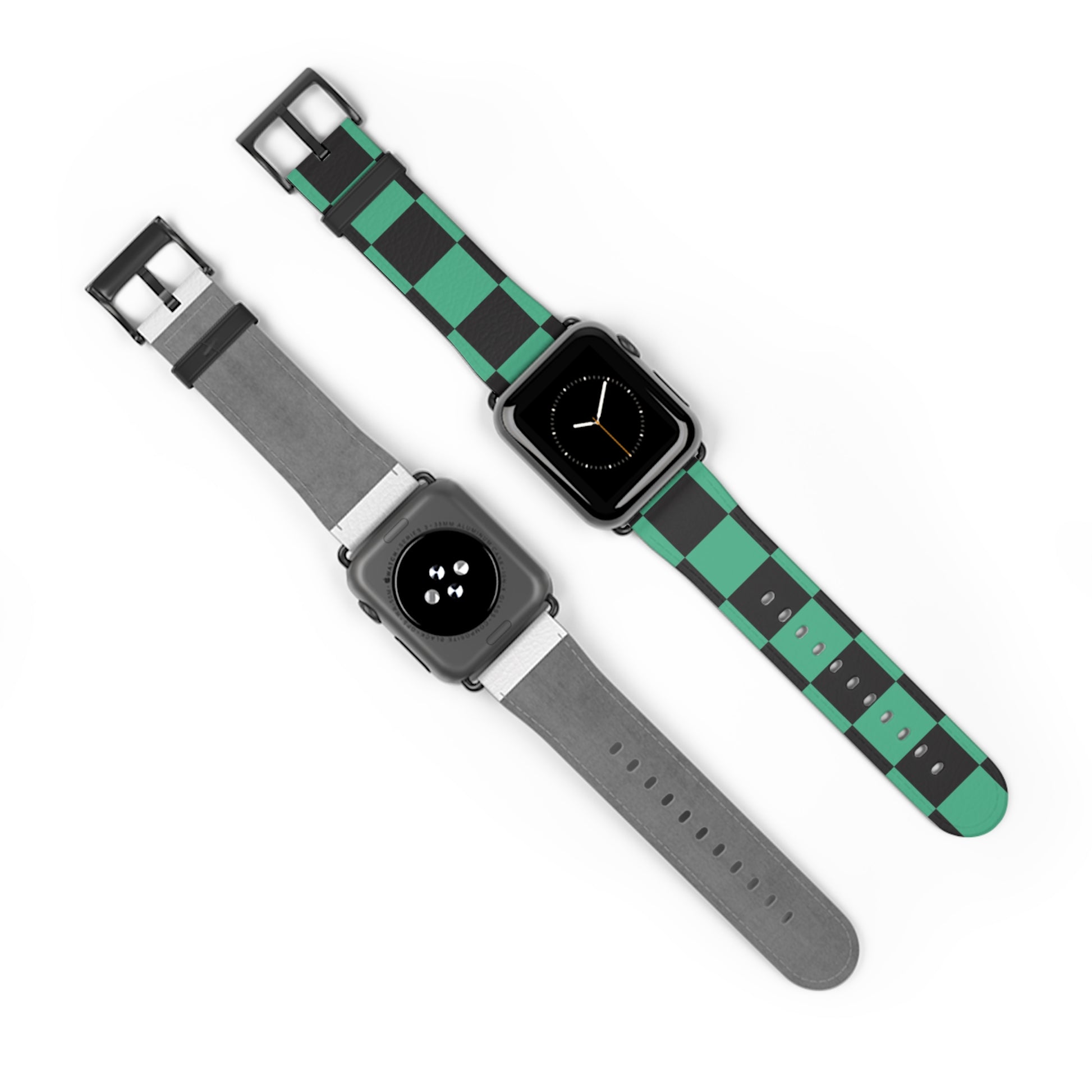 Tanjiro Apple Watch band with black and green chequered pattern, luxury faux-leather strap, fashion accessory