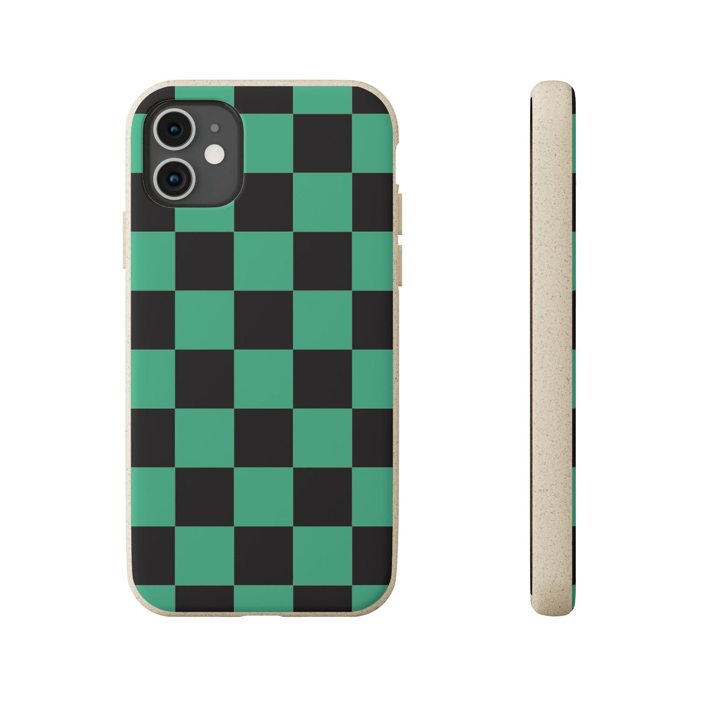 Biodegradable Checkerboard Phone Case — Green & Black Tanjiro Eco Smartphone Cover for Apple iPhone and Samsung Galaxy.