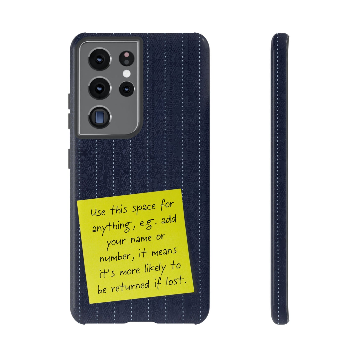 Navy Pinstripe Design with Yellow Sticky Note Personalised Tough Phone Case for Apple iPhone, Samsung Galaxy and Google Pixel.