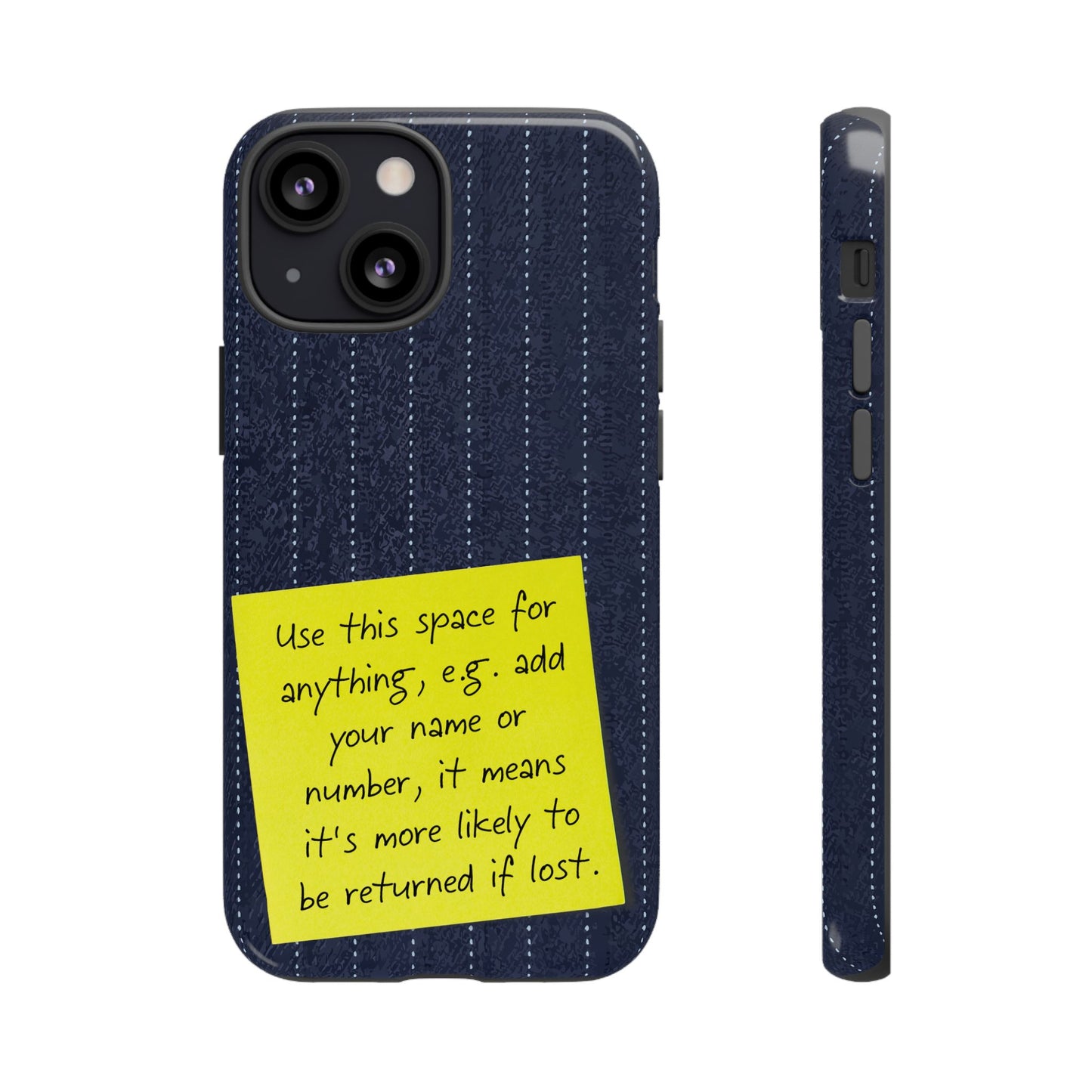 Navy Pinstripe Design with Yellow Sticky Note Personalised Tough Phone Case for Apple iPhone, Samsung Galaxy and Google Pixel.