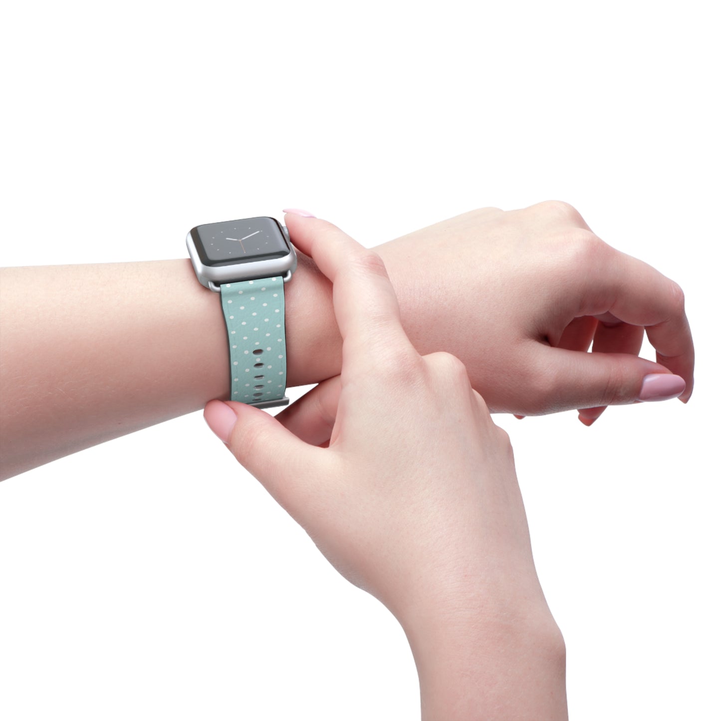 apple watch band in mint green with white polka dots, cute pastel everyday watch strap for women