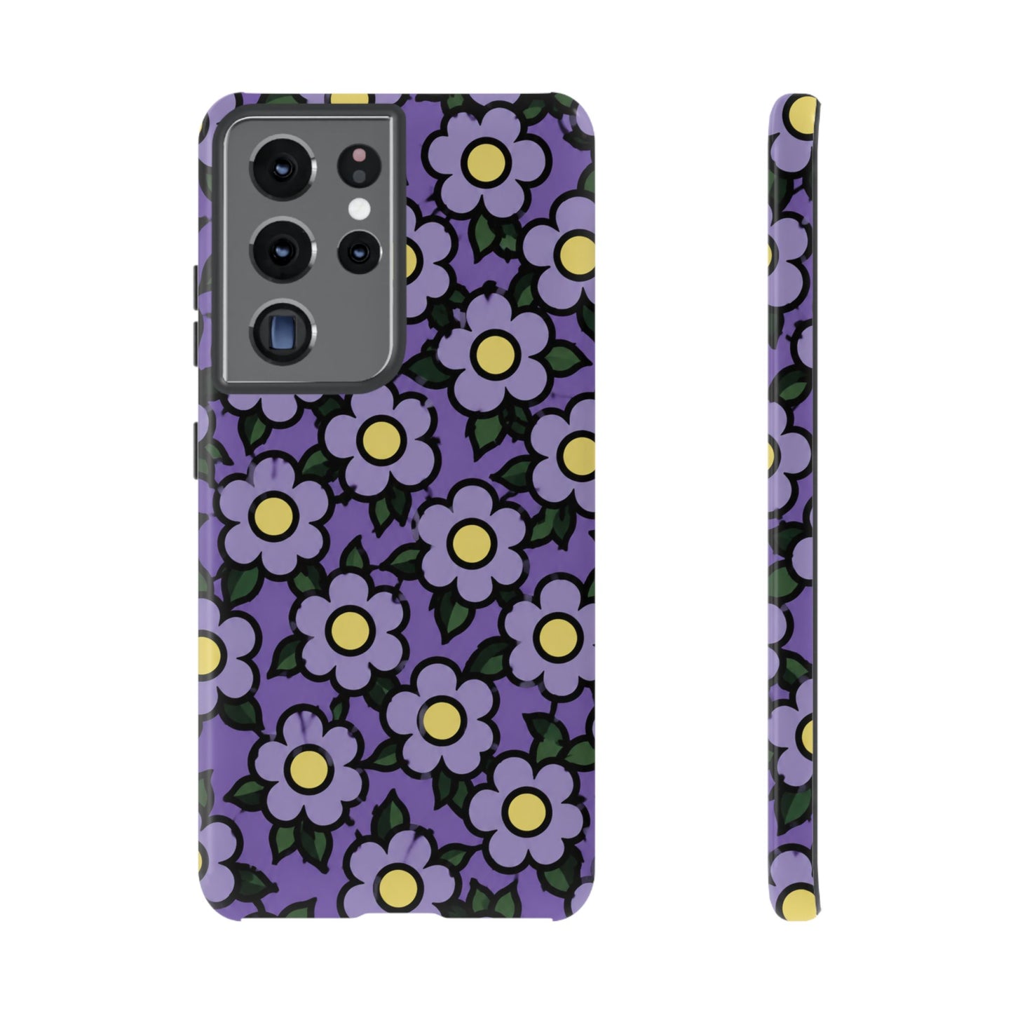 Purple Floral Tough Phone Case — Durable Protective Phone Cover with Cute Daisy Pattern
