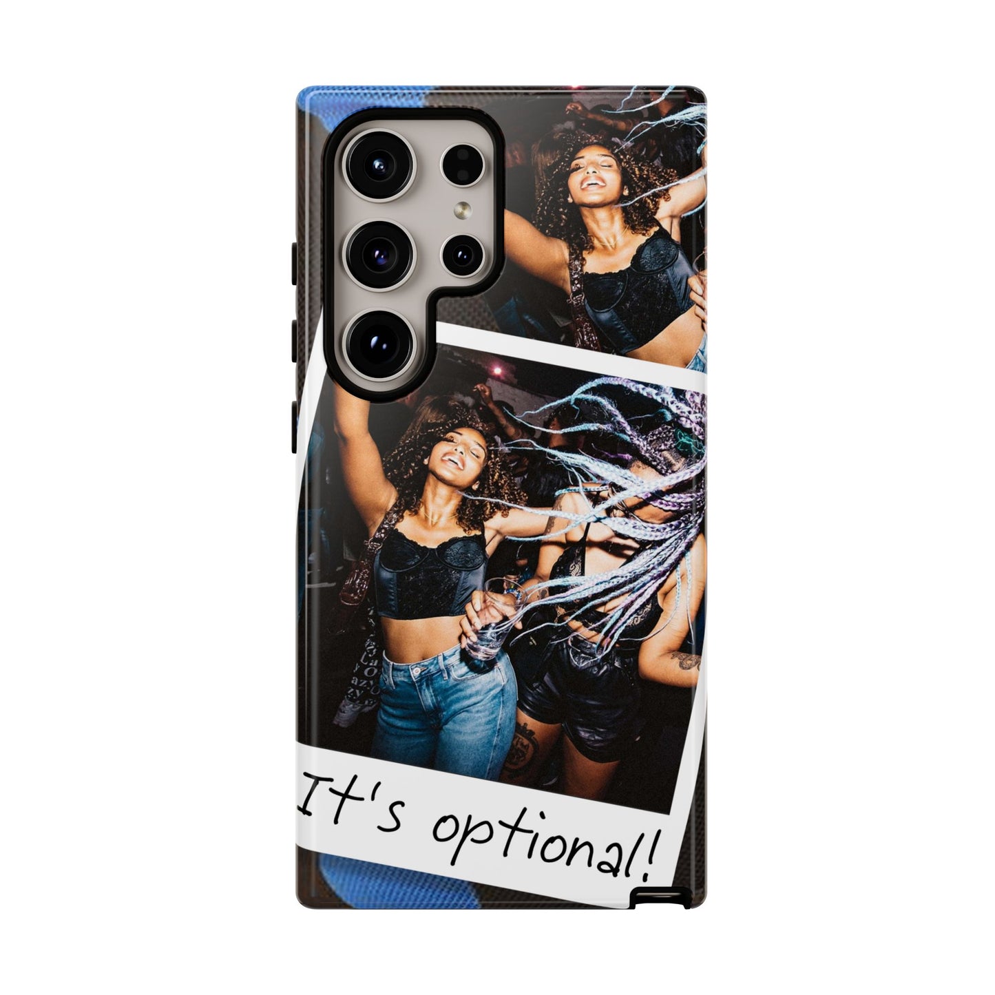 Two Image Personalised Polaroid Photo on Blue Polka Dot Protective Tough Case for Apple iPhone, Samsung Galaxy and Google Pixel.