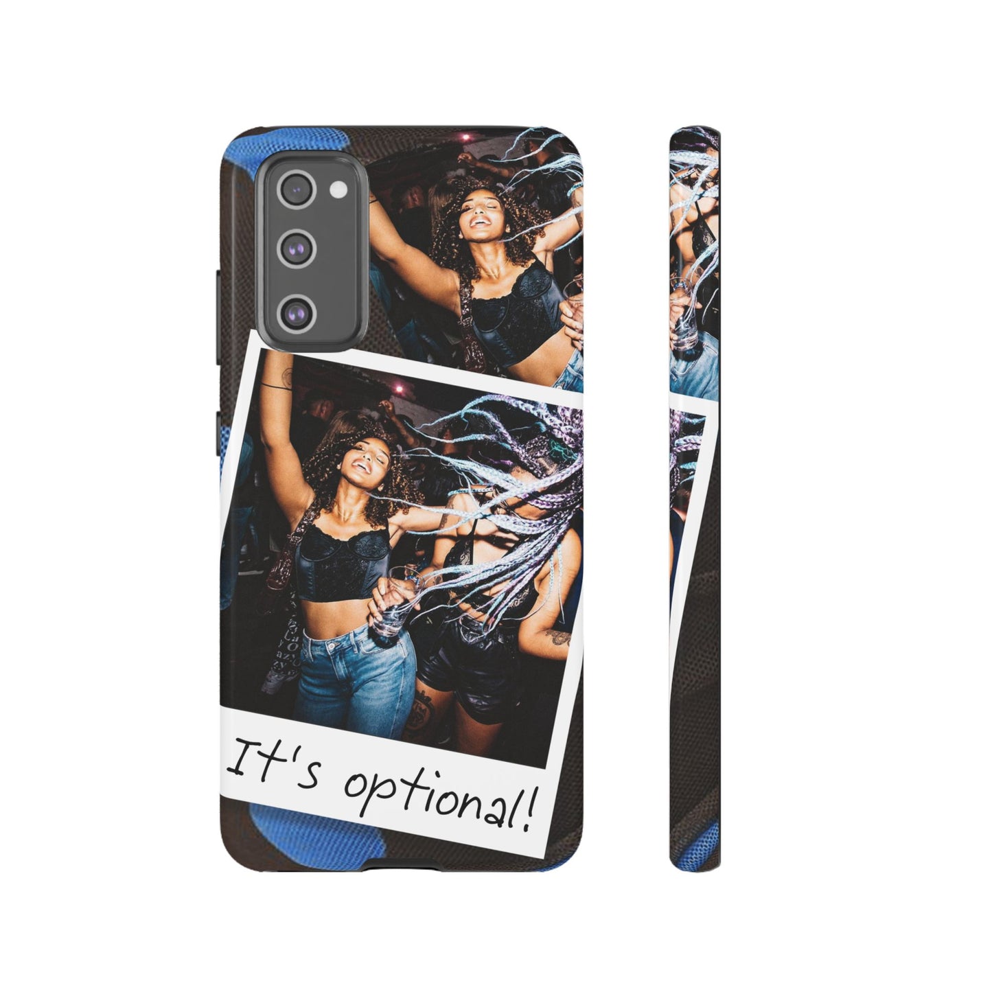 Two Image Personalised Polaroid Photo on Blue Polka Dot Protective Tough Case for Apple iPhone, Samsung Galaxy and Google Pixel.