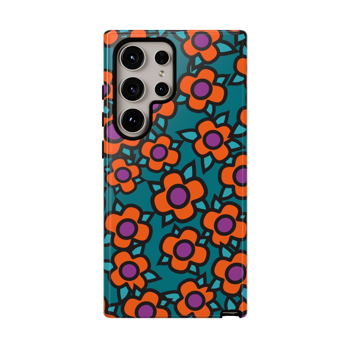 Floral Pop Tough Phone Case — Retro Orange & Teal Flower Pattern