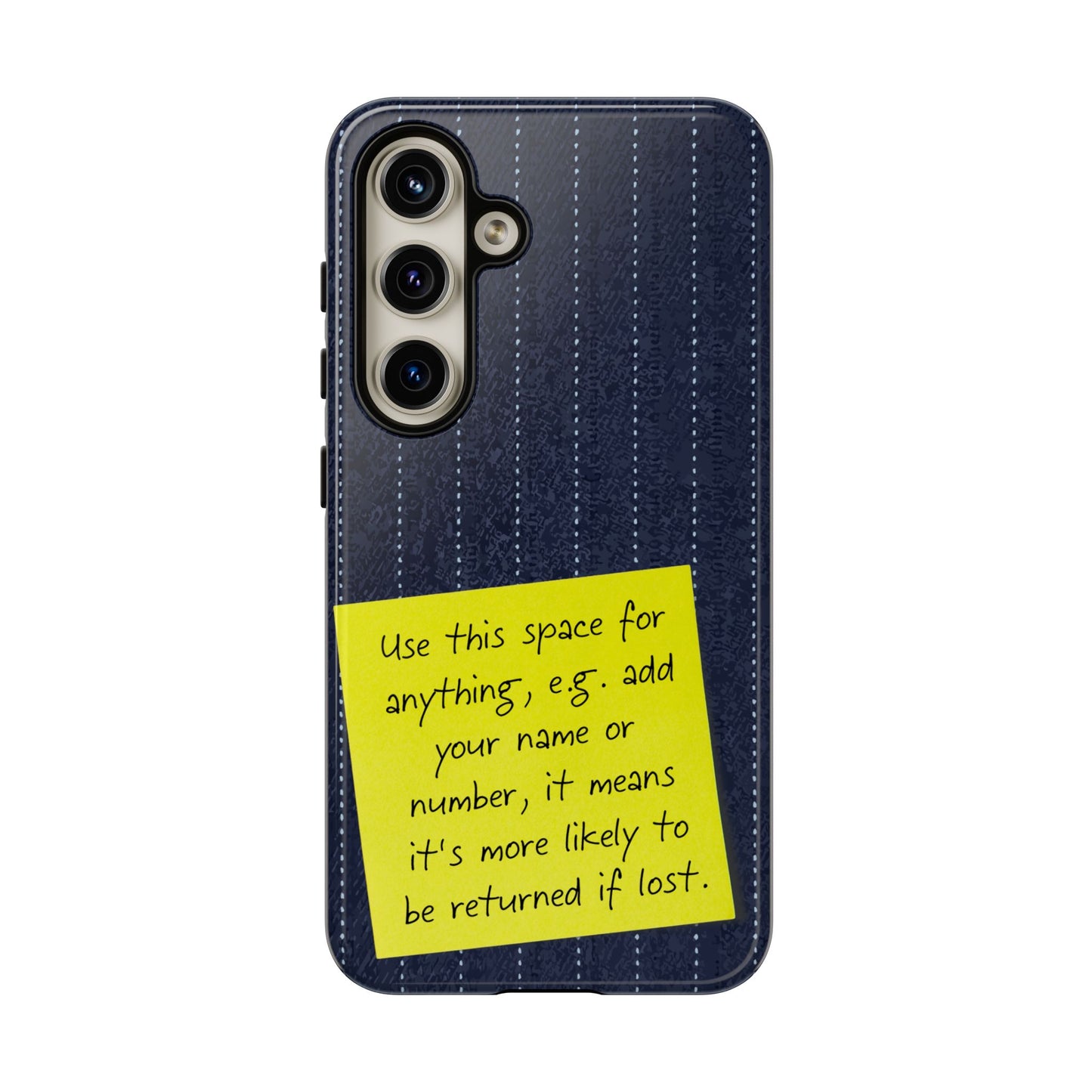 Navy Pinstripe Design with Yellow Sticky Note Personalised Tough Phone Case for Apple iPhone, Samsung Galaxy and Google Pixel.
