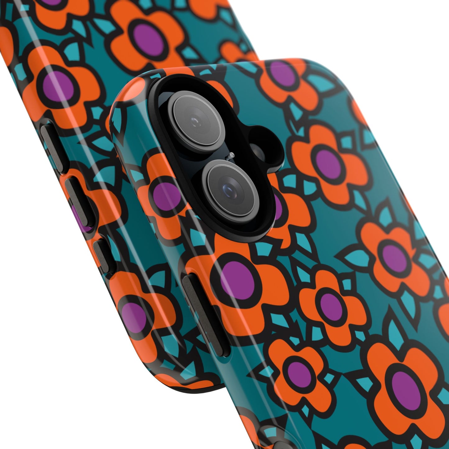 Floral Pop Tough Phone Case — Retro Orange & Teal Flower Pattern