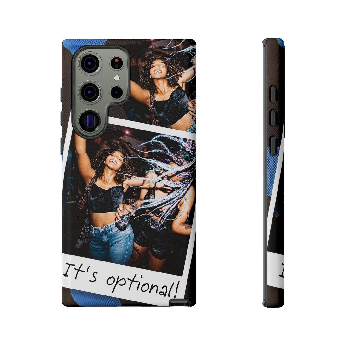 Two Image Personalised Polaroid Photo on Blue Polka Dot Protective Tough Case for Apple iPhone, Samsung Galaxy and Google Pixel.