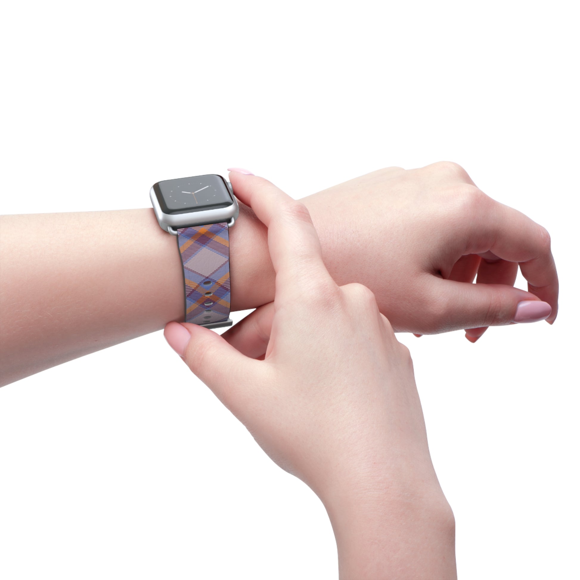Tartan plaid watch band in orange and green for Apple Watch, stylish gift idea, faux-leather strap with stainless steel buckle