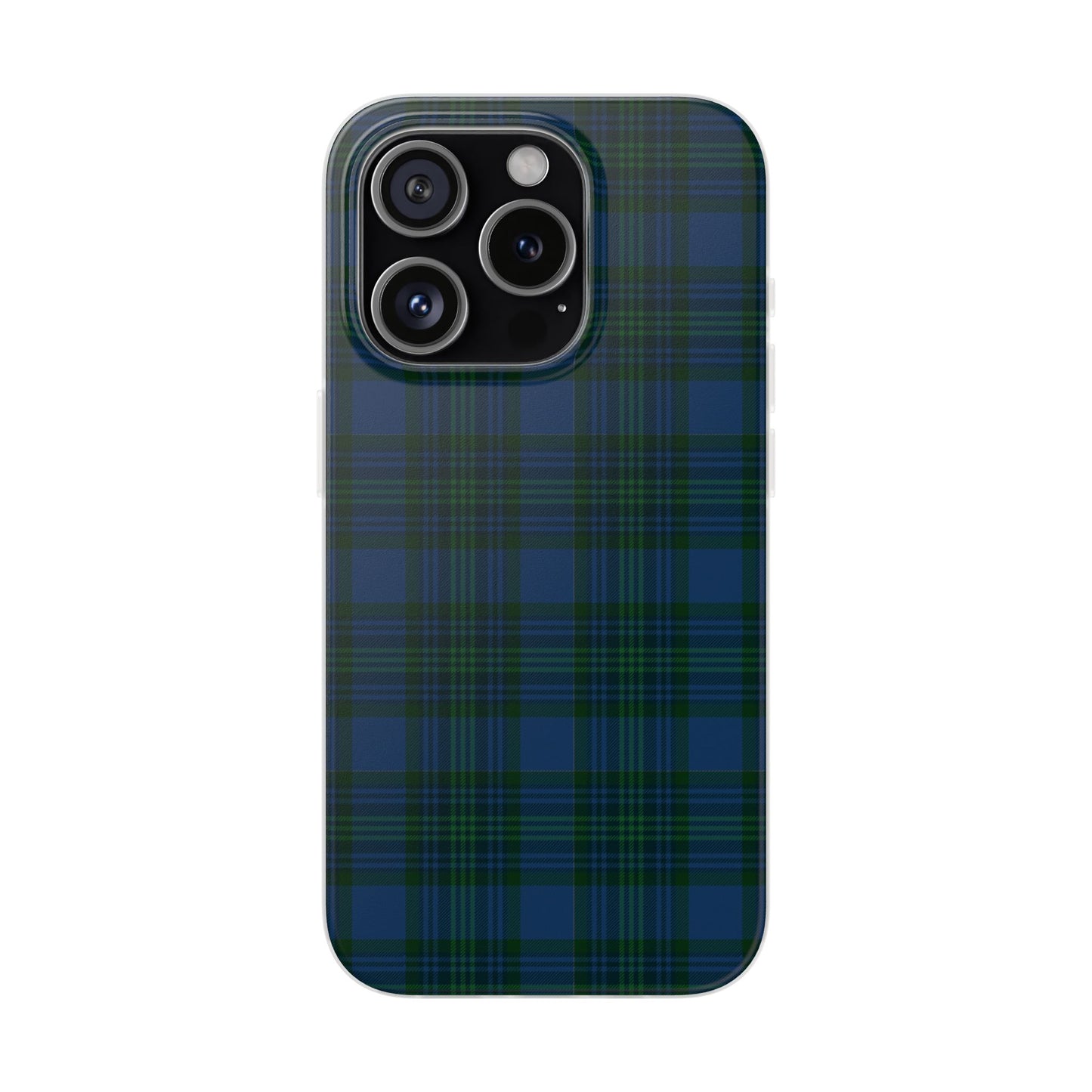 Navy green tartan phone case with flexible plaid design, slim shock-absorbing TPU, semi-transparent matte finish