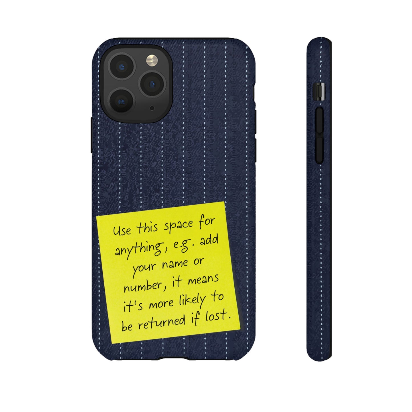 Navy Pinstripe Design with Yellow Sticky Note Personalised Tough Phone Case for Apple iPhone, Samsung Galaxy and Google Pixel.