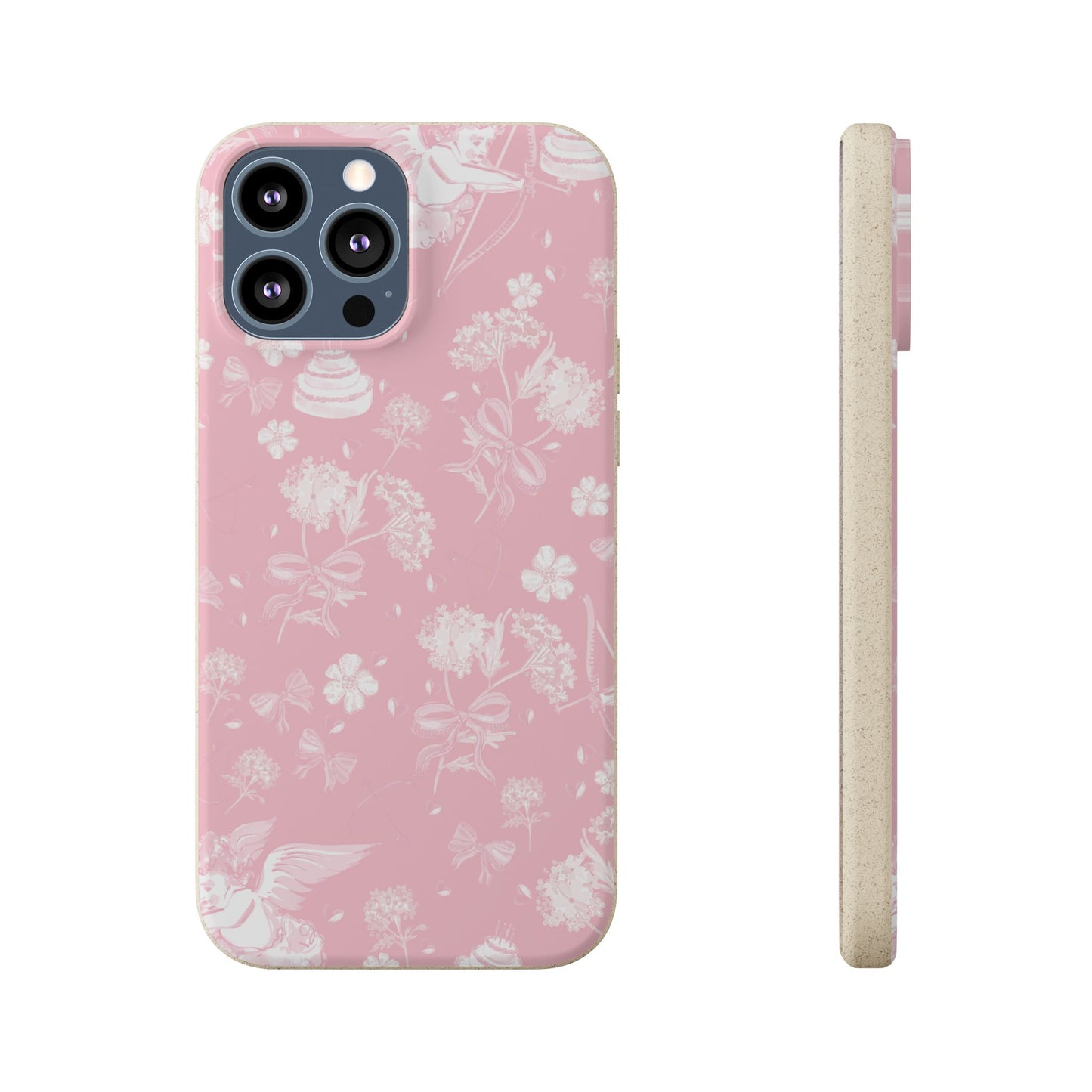 Pink Floral Cherub Biodegradable Phone Case for Apple iPhone and Samsung Galaxy.