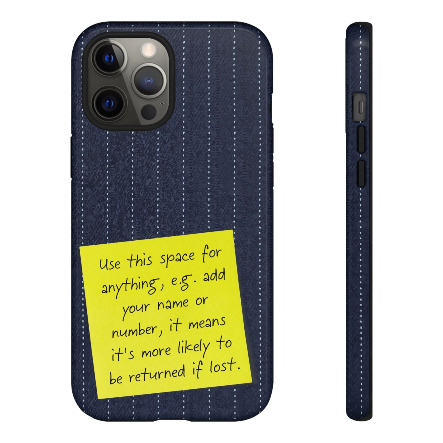 Navy Pinstripe Design with Yellow Sticky Note Personalised Tough Phone Case for Apple iPhone, Samsung Galaxy and Google Pixel.