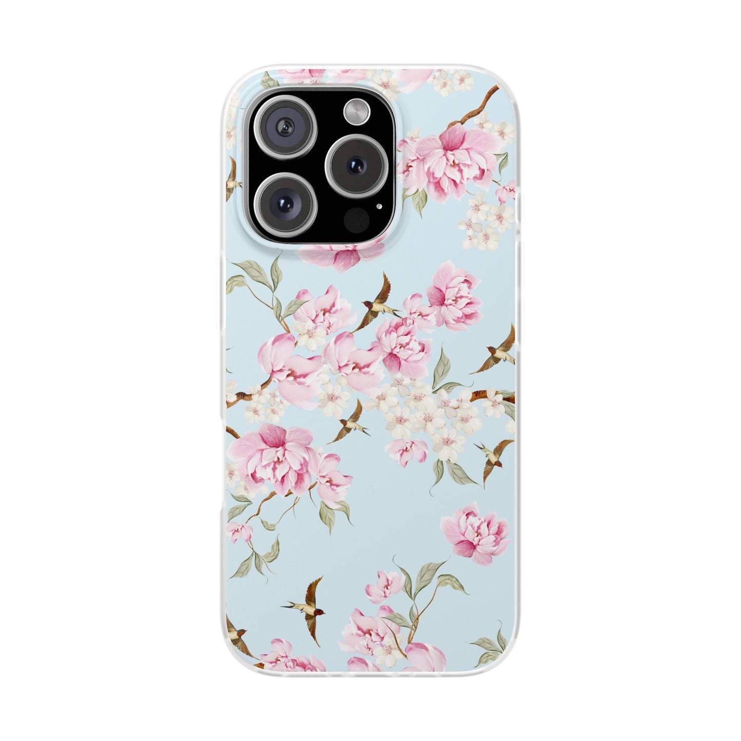 Floral Cherry Blossom Flexi Phone Case - Pink Blossoms on Sky Blue Flexible Case for Apple iPhone, Samsung Galaxy.