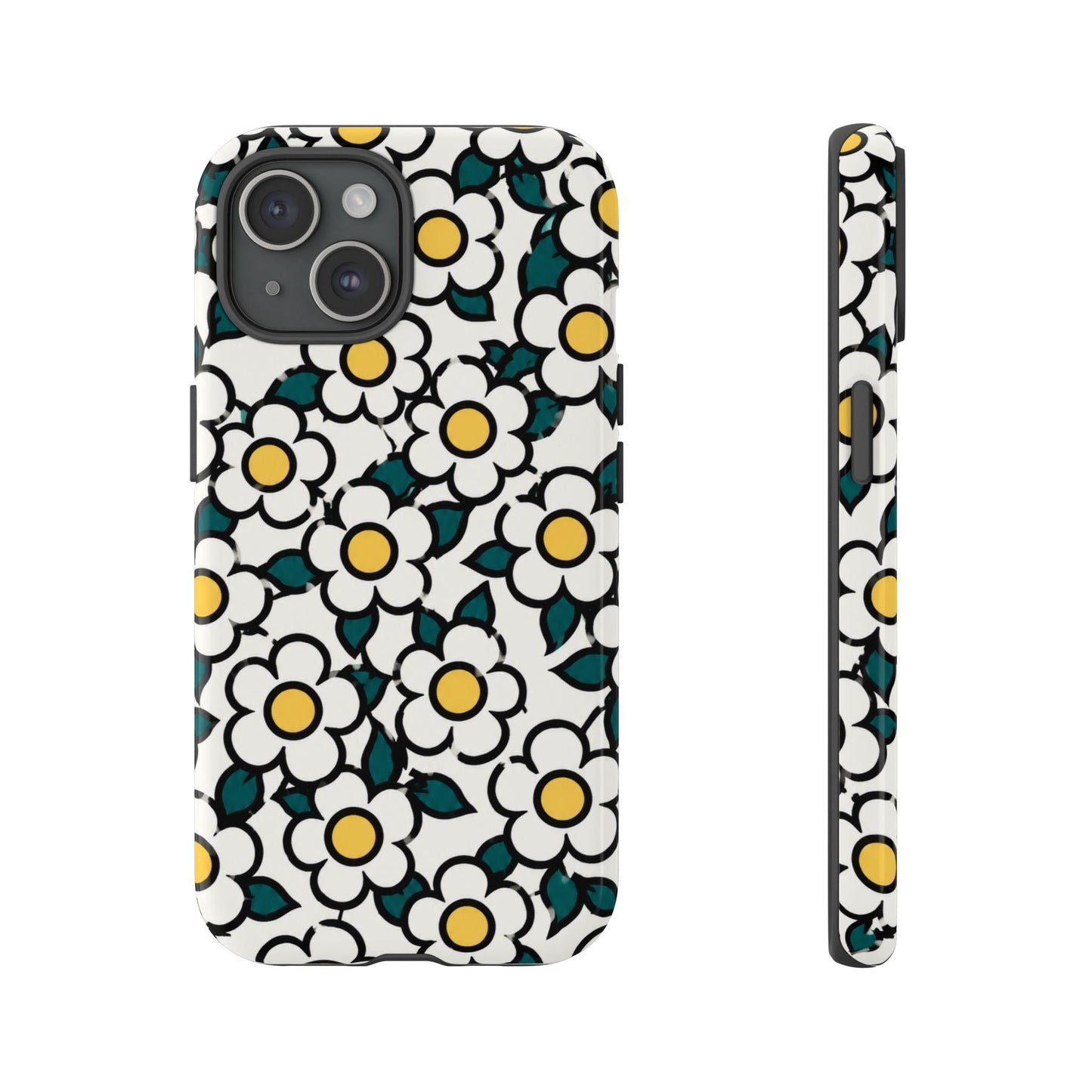 Floral Daisy Tough Phone Case — Retro White & Yellow Protective Cover