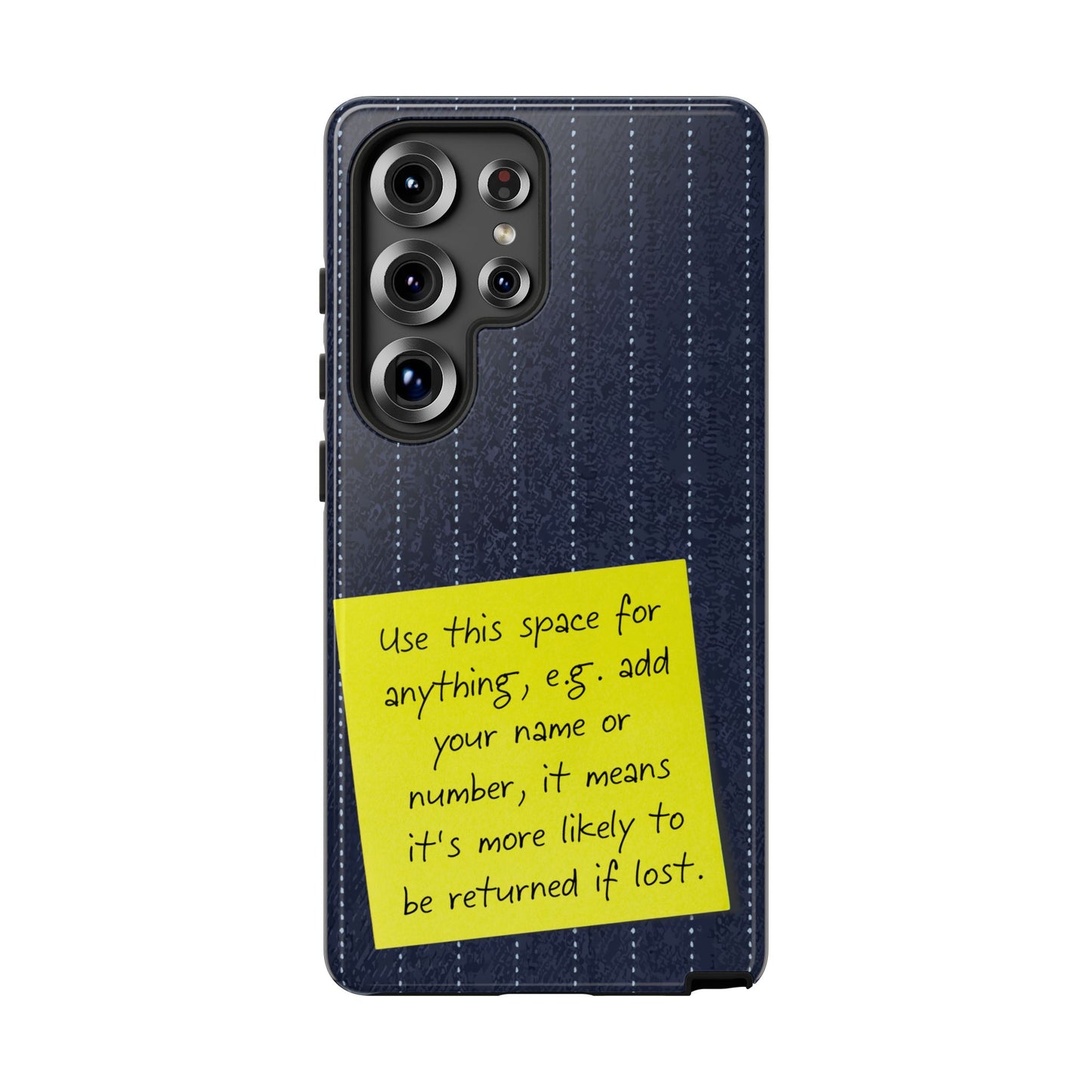 Navy Pinstripe Design with Yellow Sticky Note Personalised Tough Phone Case for Apple iPhone, Samsung Galaxy and Google Pixel.