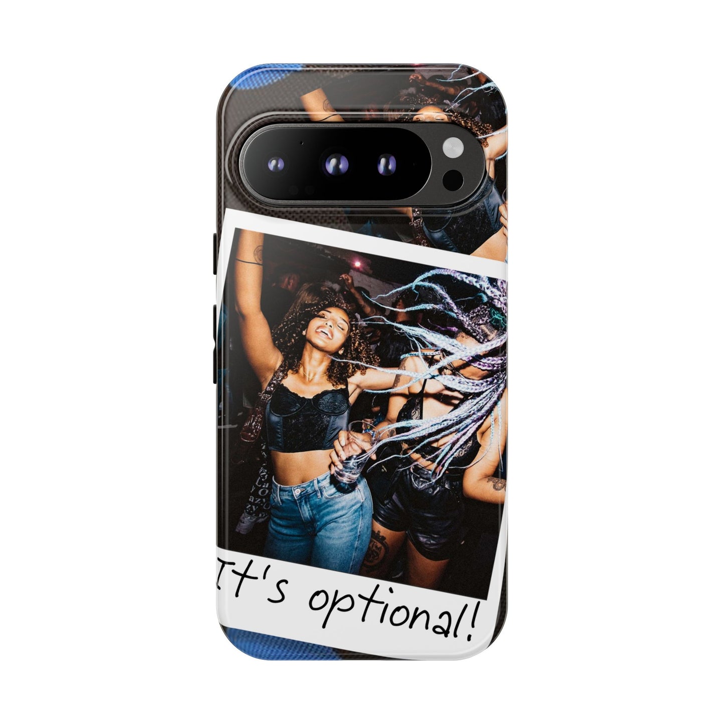 Two Image Personalised Polaroid Photo on Blue Polka Dot Protective Tough Case for Apple iPhone, Samsung Galaxy and Google Pixel.