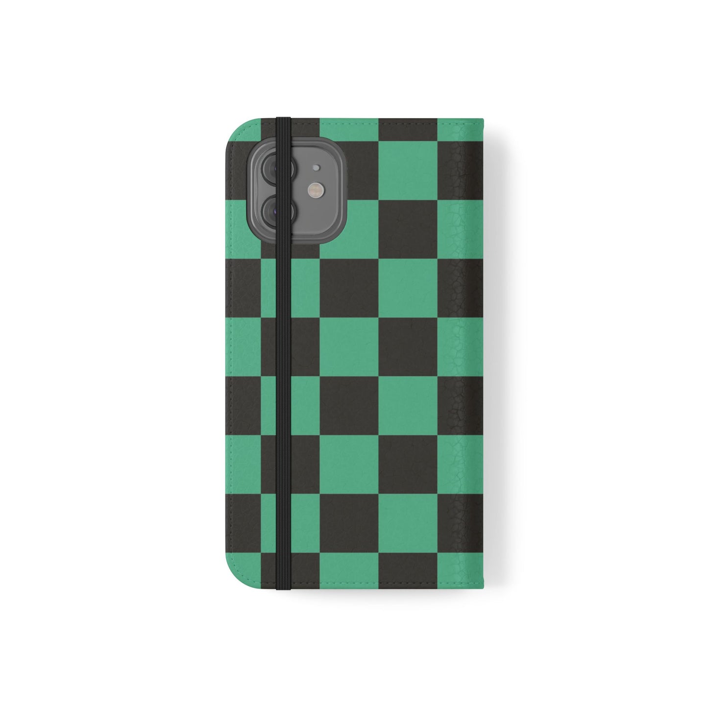 Tanjiro Chequered Flip Phone Case — Black and Green Chequered Wallet Cover