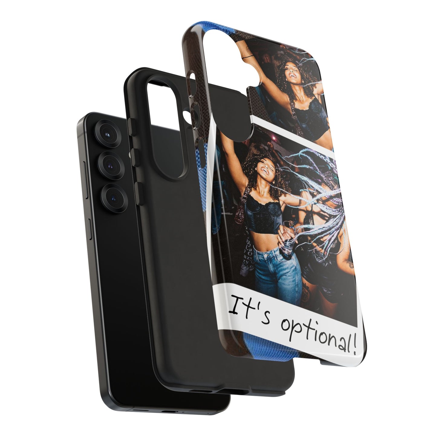 Two Image Personalised Polaroid Photo on Blue Polka Dot Protective Tough Case for Apple iPhone, Samsung Galaxy and Google Pixel.