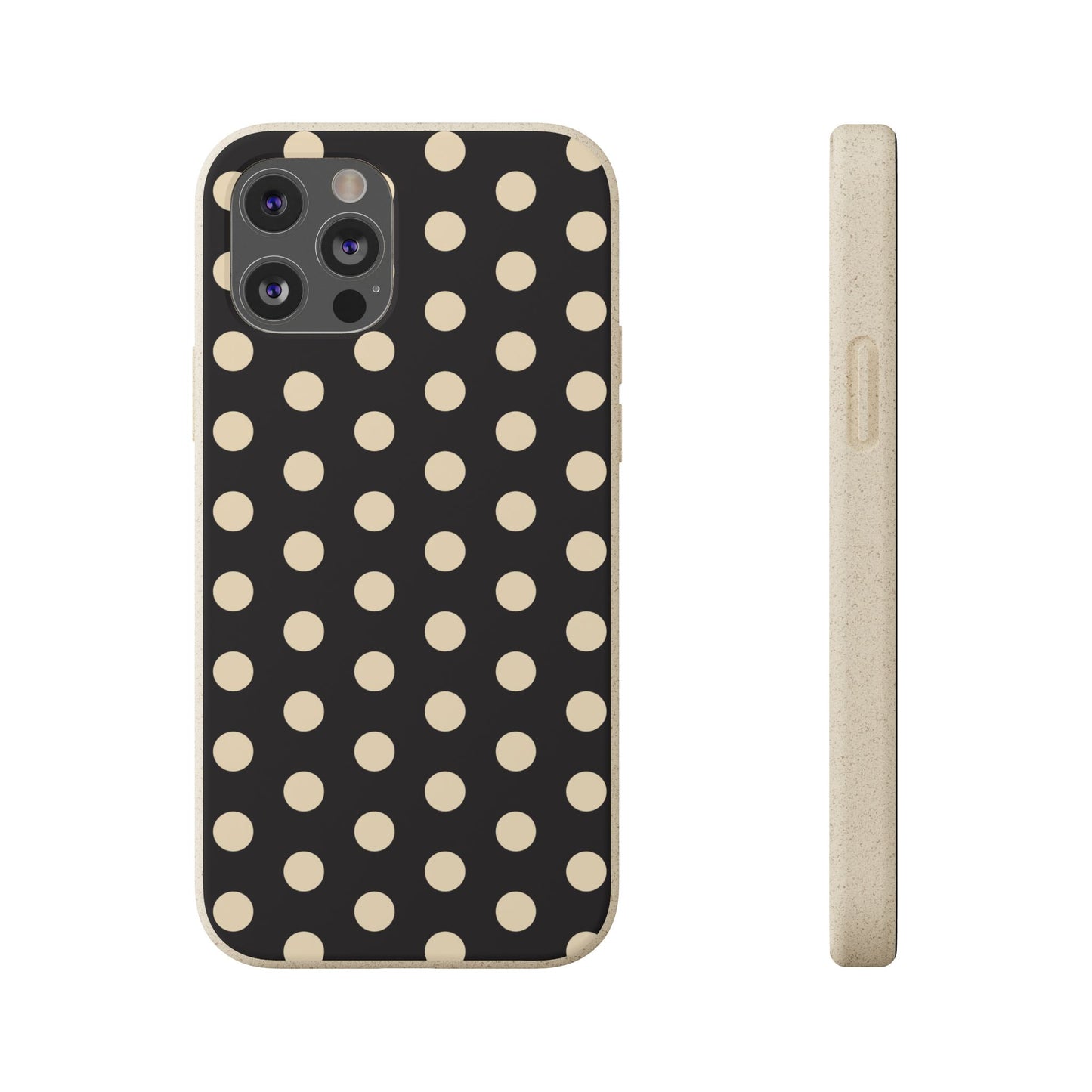Eco-Friendly Black & Cream Polka Dot Pattern Biodegradable Phone Case for Apple iPhone and Samsung Galaxy.