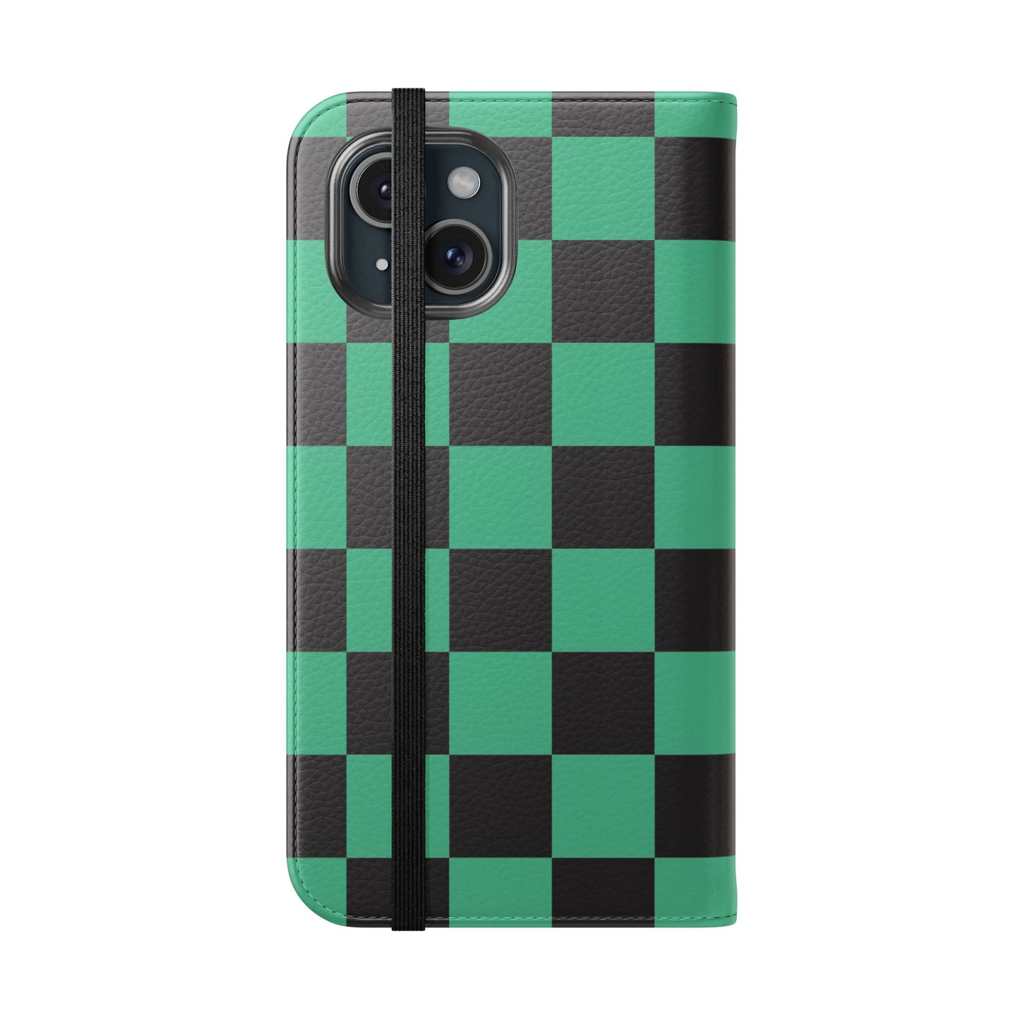 Tanjiro Chequered Flip Phone Case — Black and Green Chequered Wallet Cover