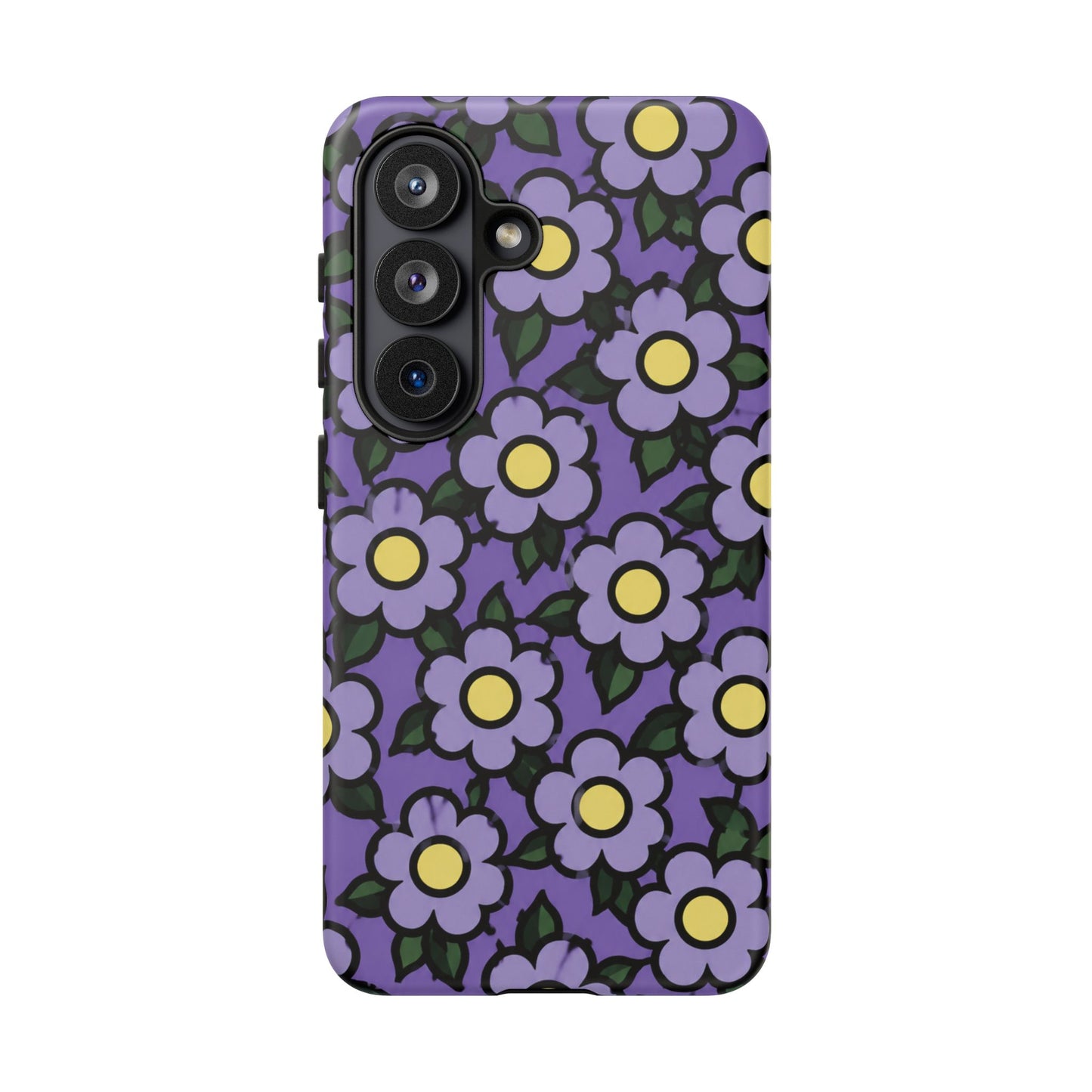 Purple Floral Tough Phone Case — Durable Protective Phone Cover with Cute Daisy Pattern
