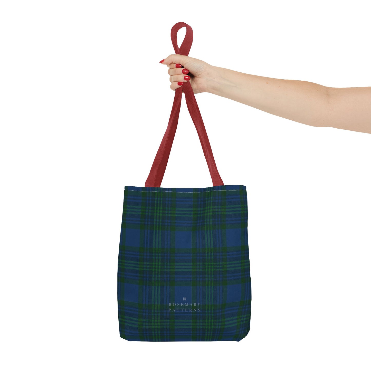 Tartan plaid tote bag in blue and green, eco friendly reusable market tote with Scottish pattern, cotton handles
