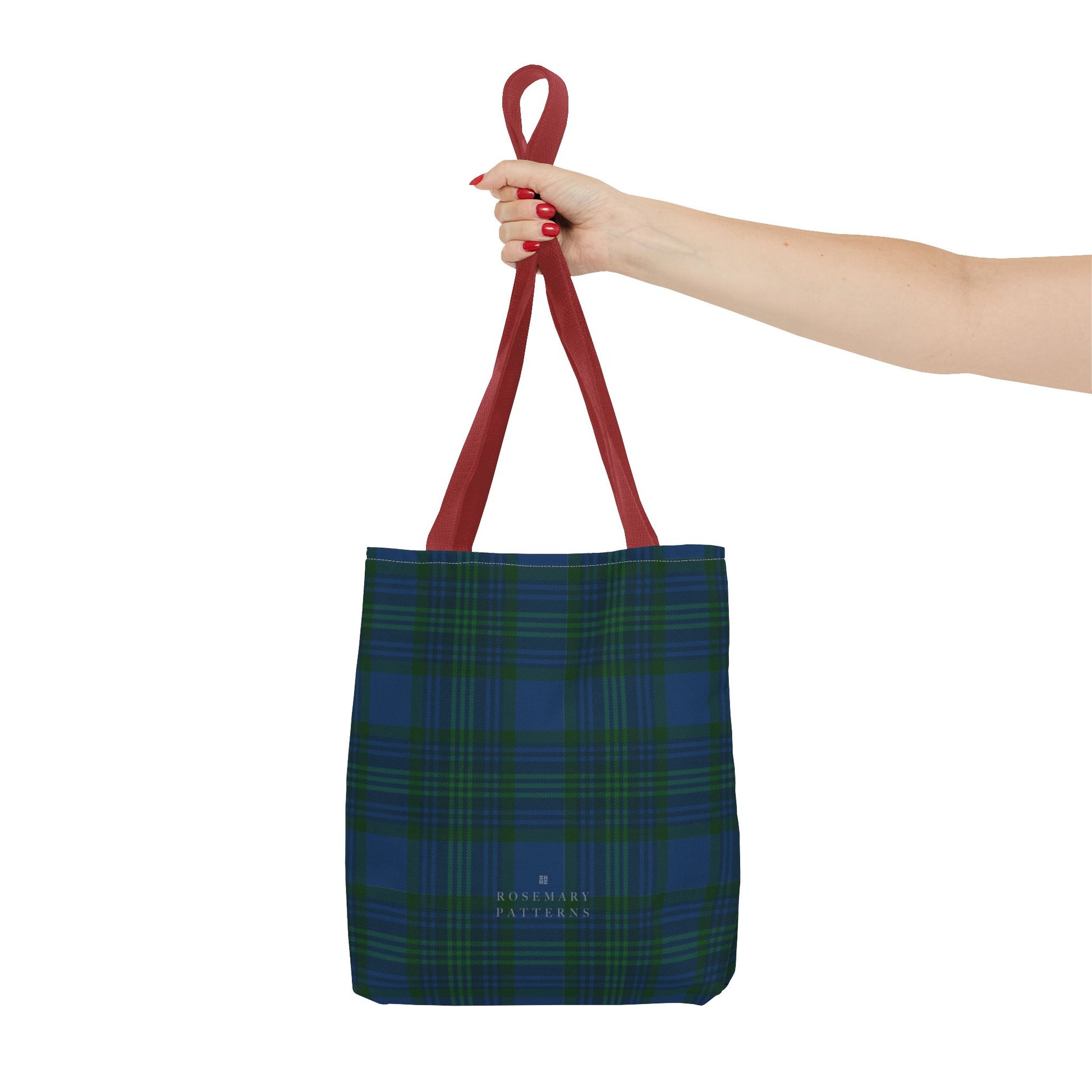 Tartan plaid tote bag in blue and green, eco friendly reusable market tote with Scottish pattern, cotton handles
