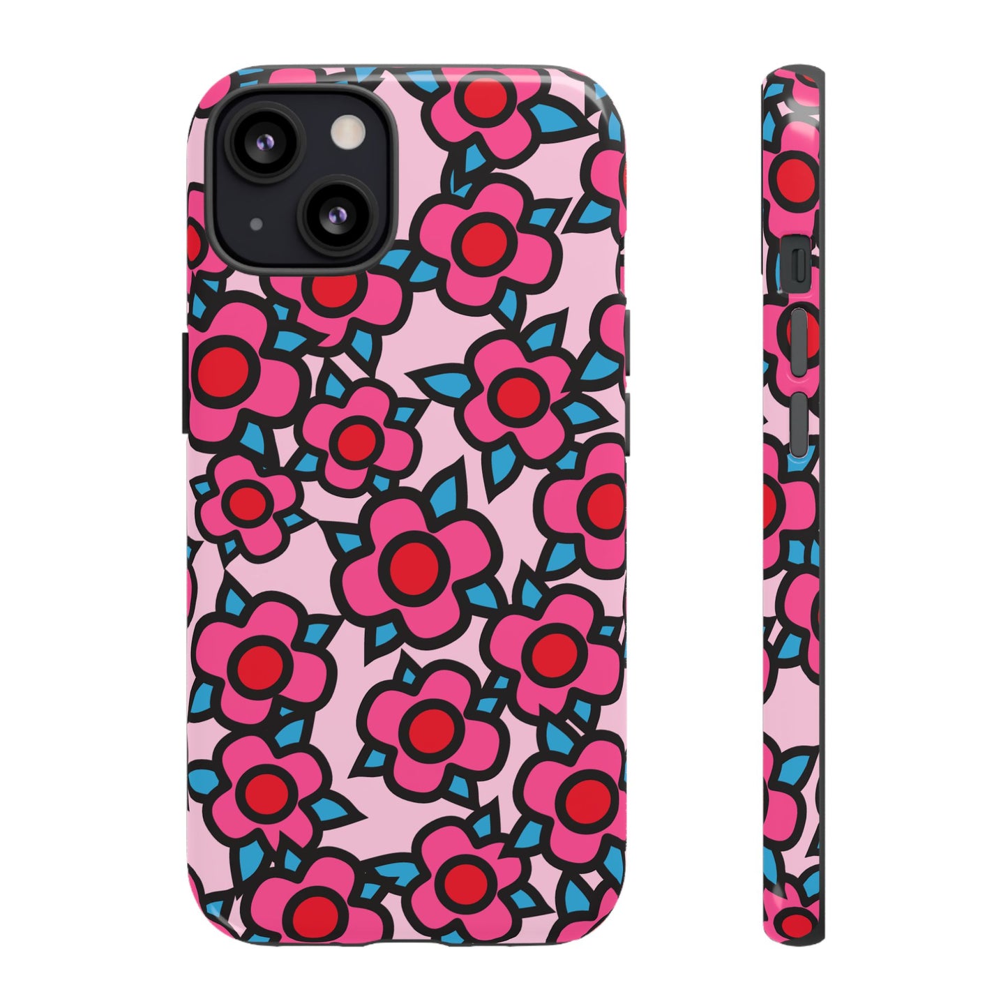 Floral Pink Tough Phone Case — Retro Red & Teal Flower Pattern