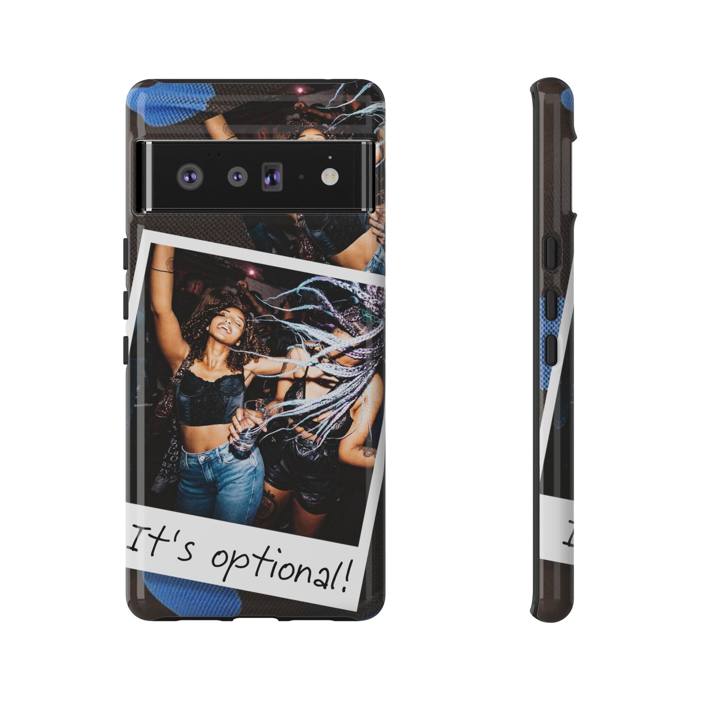 Two Image Personalised Polaroid Photo on Blue Polka Dot Protective Tough Case for Apple iPhone, Samsung Galaxy and Google Pixel.