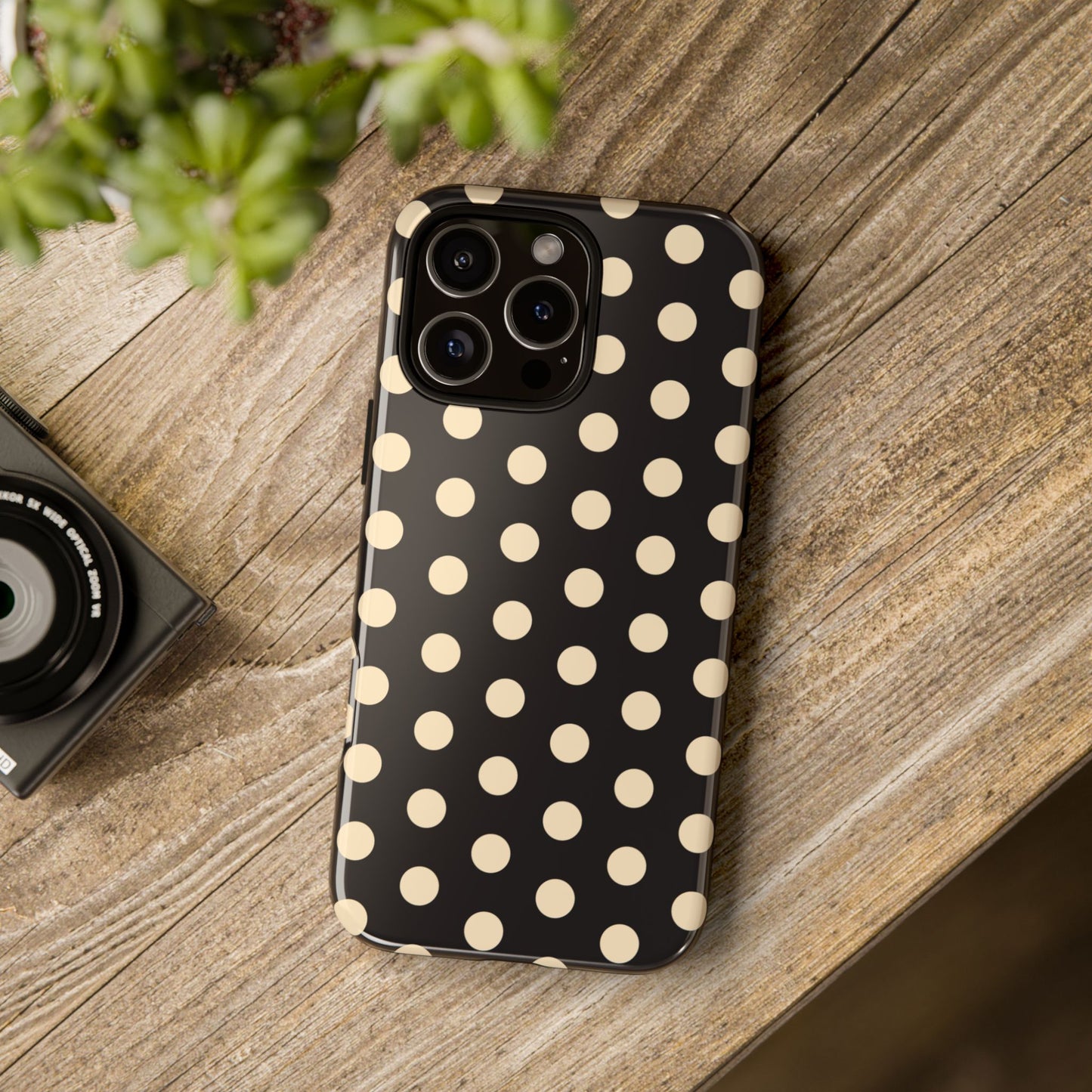 Polka Dot Tough Phone Case — Black with Cream Dots, Protective Slim Phone Cover