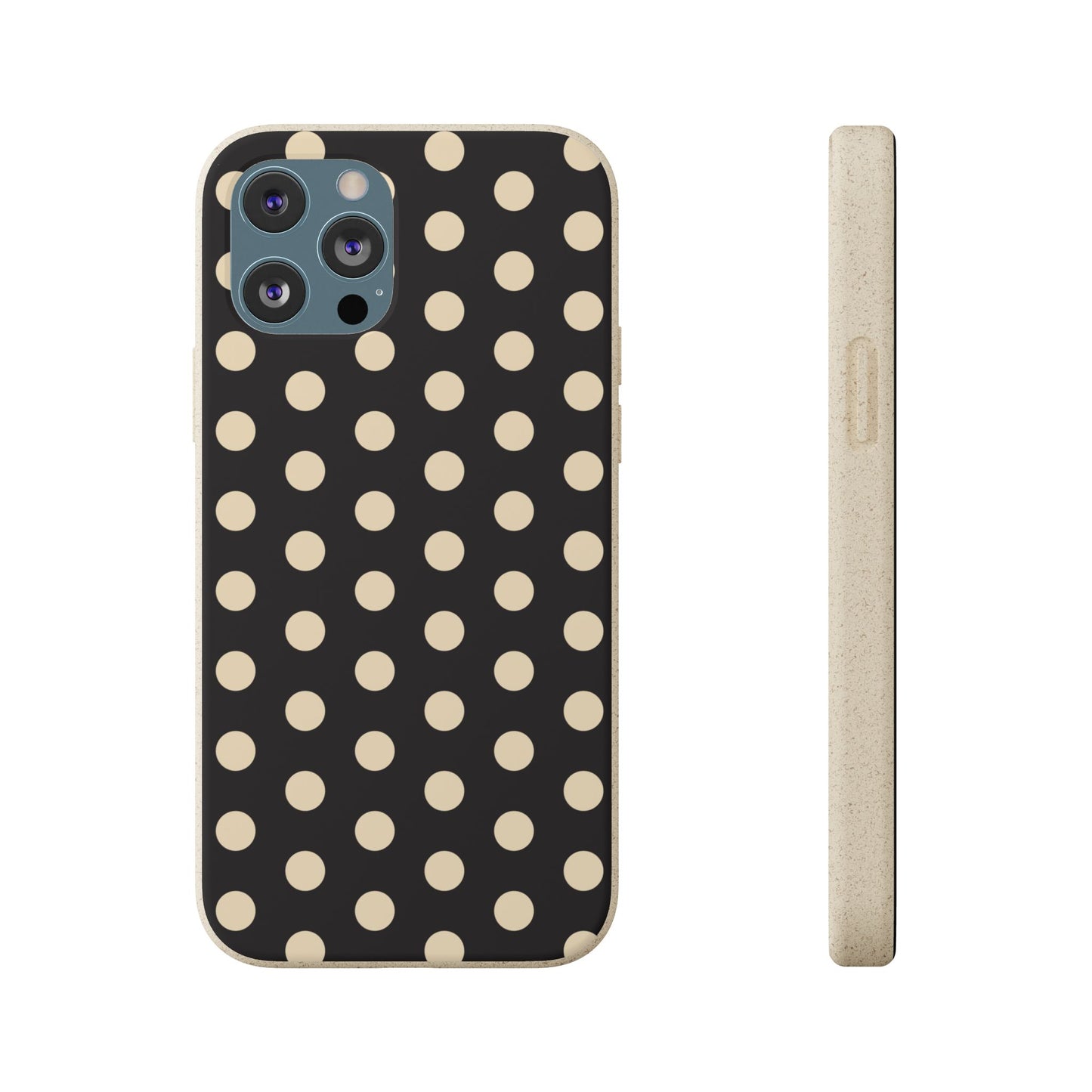 Eco-Friendly Black & Cream Polka Dot Pattern Biodegradable Phone Case for Apple iPhone and Samsung Galaxy.