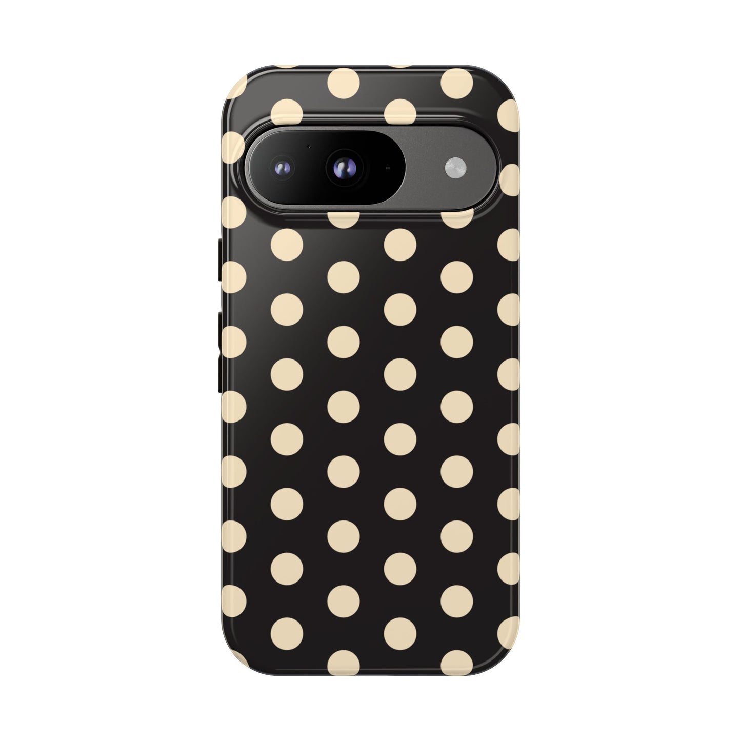 Polka Dot Tough Phone Case — Black with Cream Dots, Protective Slim Phone Cover