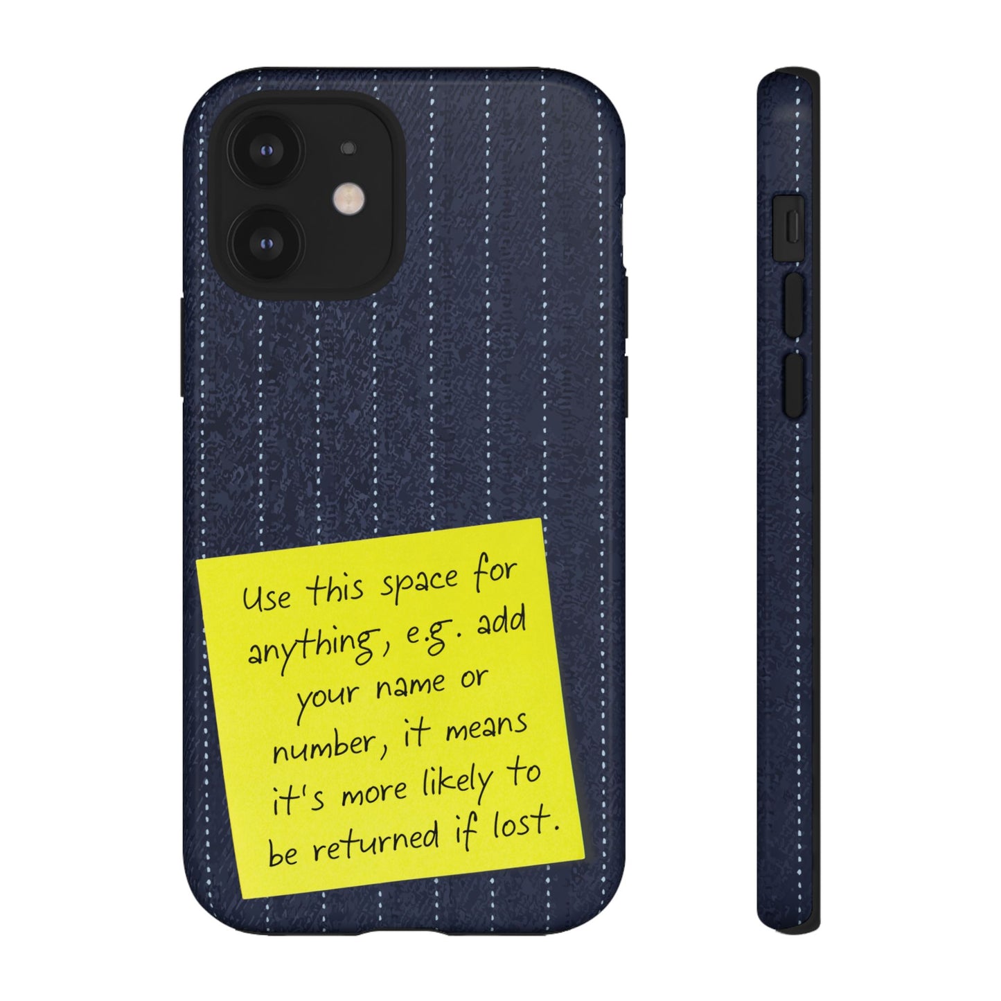 Navy Pinstripe Design with Yellow Sticky Note Personalised Tough Phone Case for Apple iPhone, Samsung Galaxy and Google Pixel.