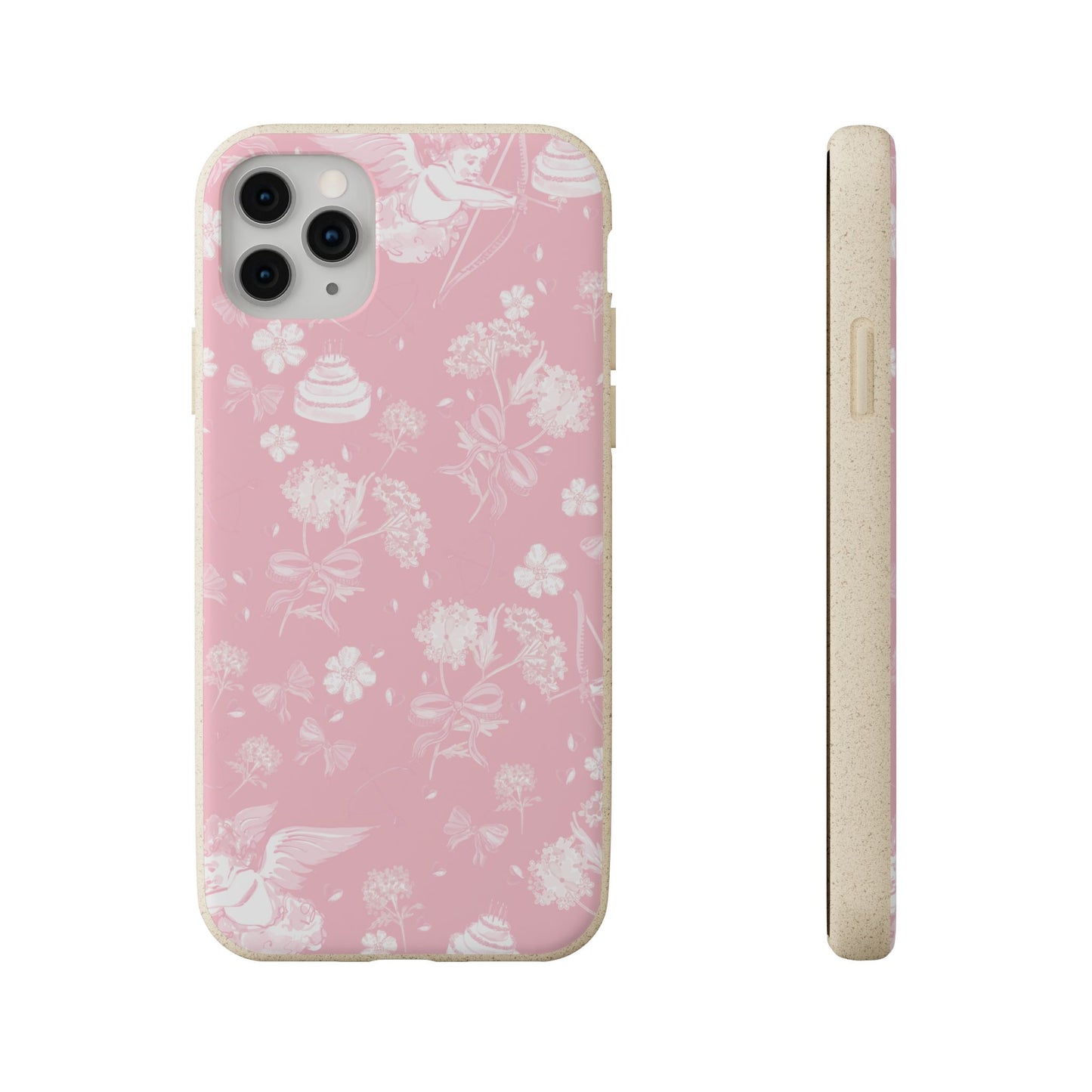 Pink Floral Cherub Biodegradable Phone Case for Apple iPhone and Samsung Galaxy.