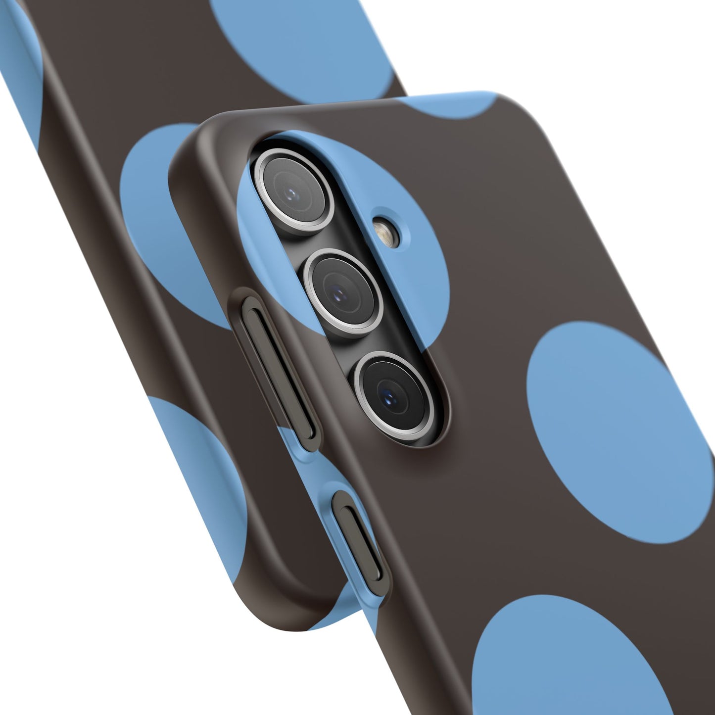 Matte Black with Large Sky Blue Polka Dots Slim Phone Case for Apple iPhone, Samsung Galaxy and Google Pixel.
