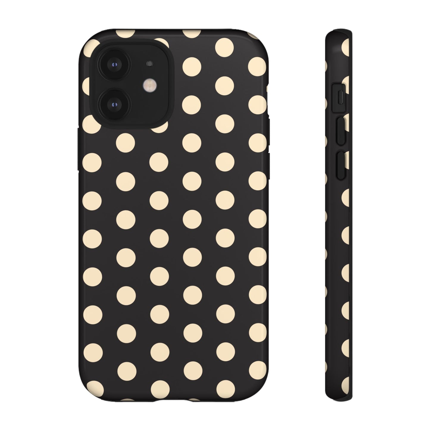 Polka Dot Tough Phone Case — Black with Cream Dots, Protective Slim Phone Cover