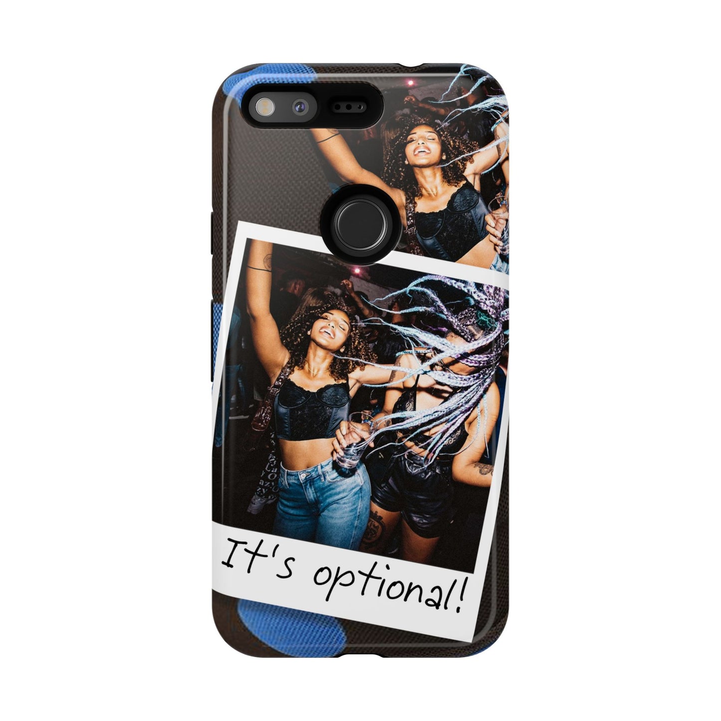 Two Image Personalised Polaroid Photo on Blue Polka Dot Protective Tough Case for Apple iPhone, Samsung Galaxy and Google Pixel.