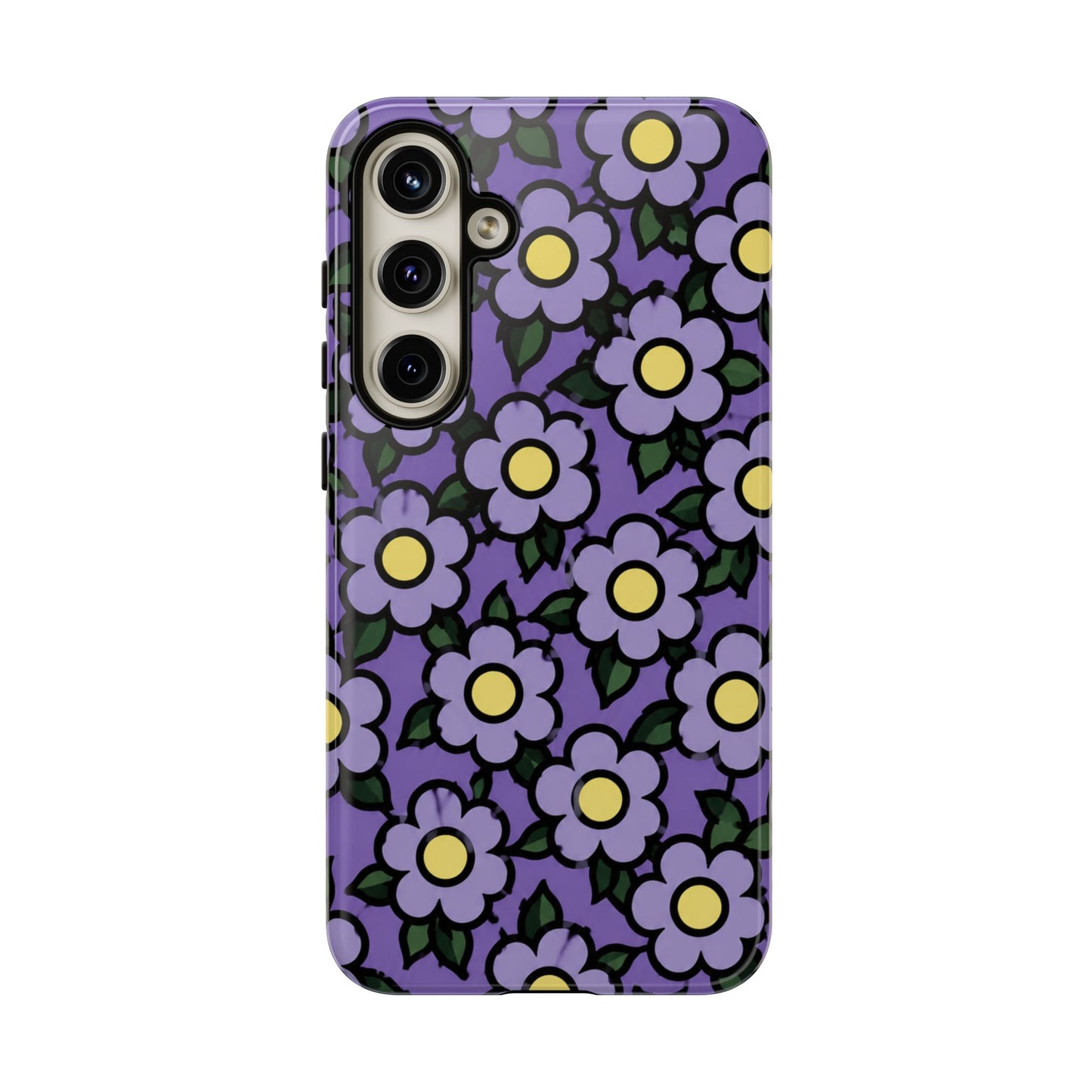 Purple Floral Tough Phone Case — Durable Protective Phone Cover with Cute Daisy Pattern