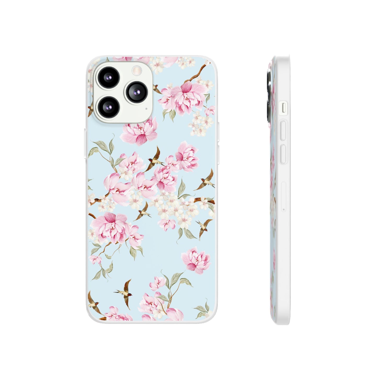 Floral Cherry Blossom Flexi Phone Case - Pink Blossoms on Sky Blue Flexible Case for Apple iPhone, Samsung Galaxy.