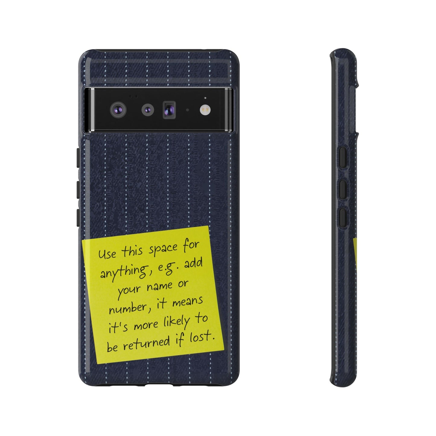 Navy Pinstripe Design with Yellow Sticky Note Personalised Tough Phone Case for Apple iPhone, Samsung Galaxy and Google Pixel.