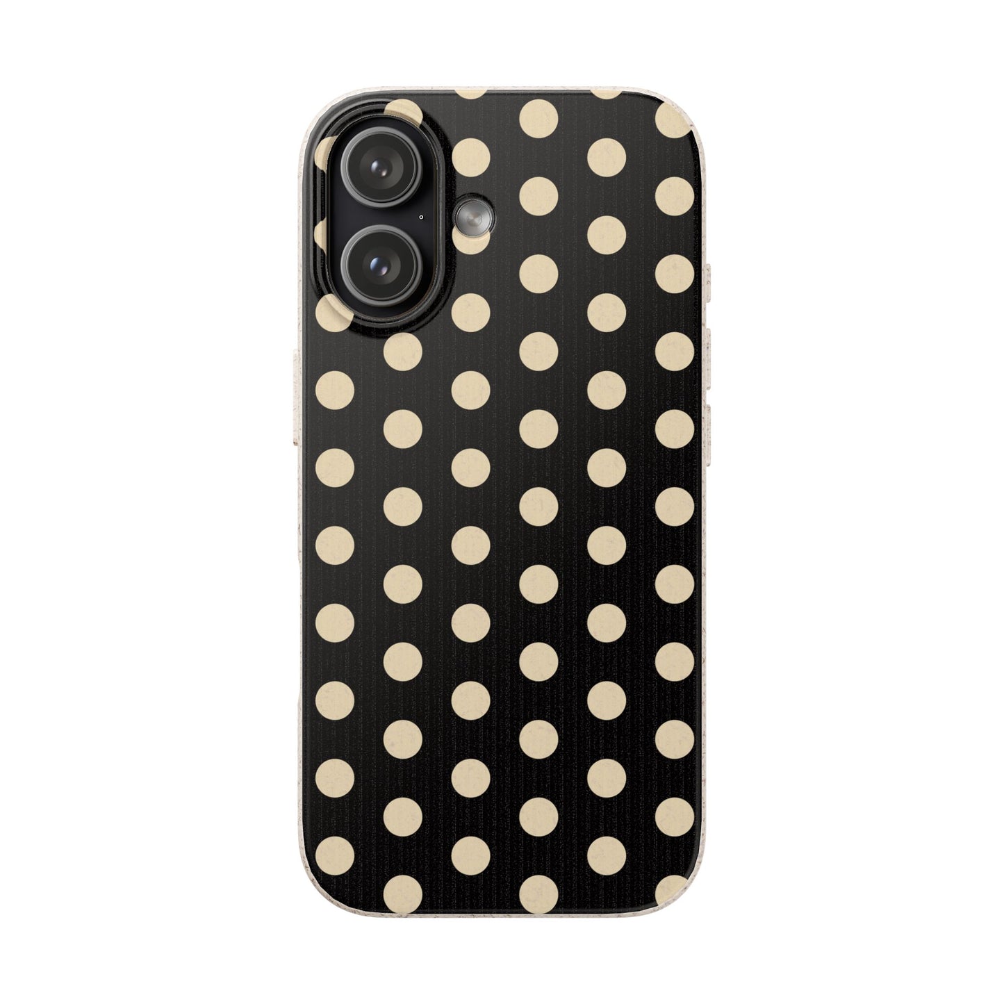 Eco-Friendly Black & Cream Polka Dot Pattern Biodegradable Phone Case for Apple iPhone and Samsung Galaxy.