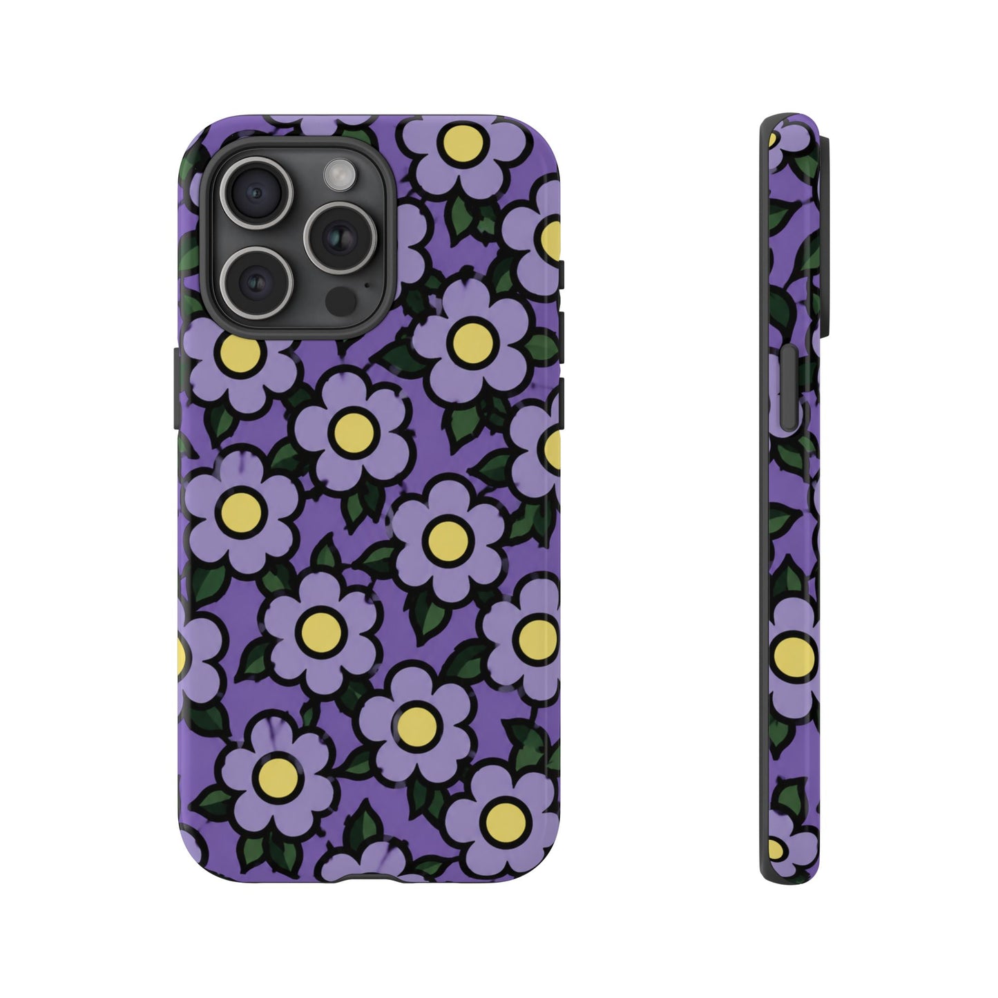 Purple Floral Tough Phone Case — Durable Protective Phone Cover with Cute Daisy Pattern