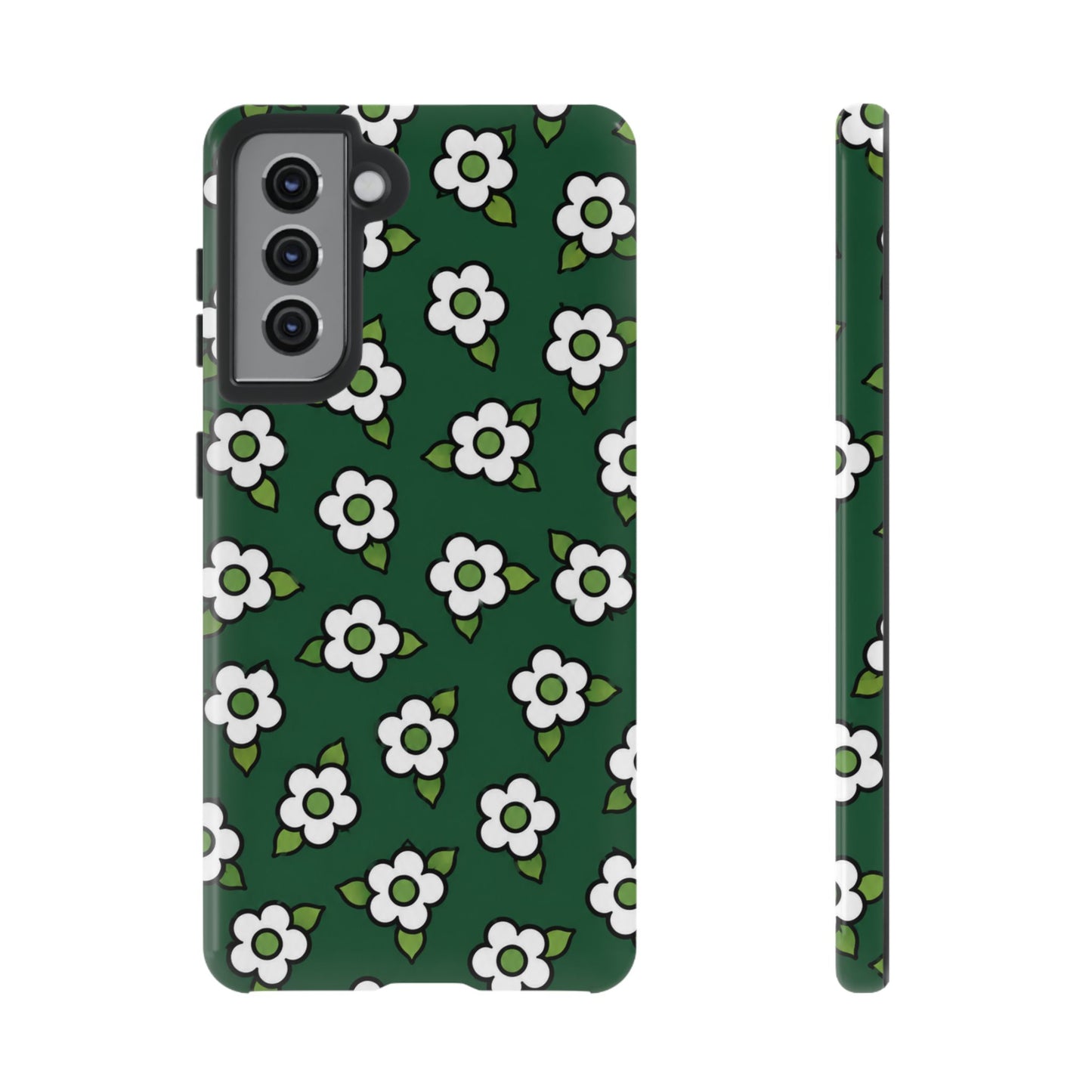 Floral Tough Case — Green White Daisy Protective Phone Cover