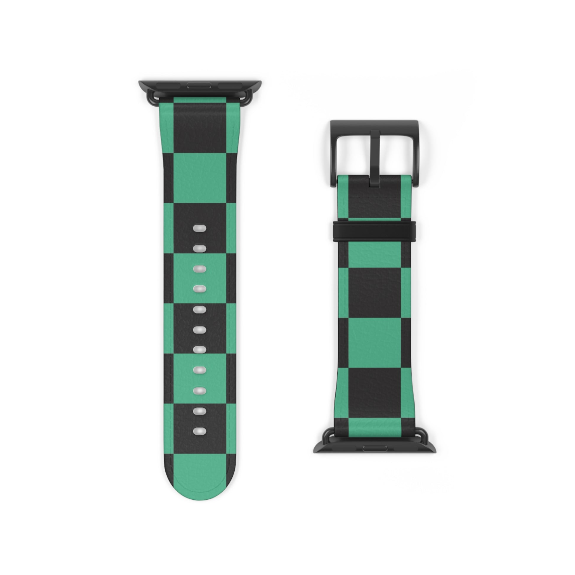 Tanjiro Apple Watch band with black and green chequered pattern, luxury faux-leather strap, fashion accessory